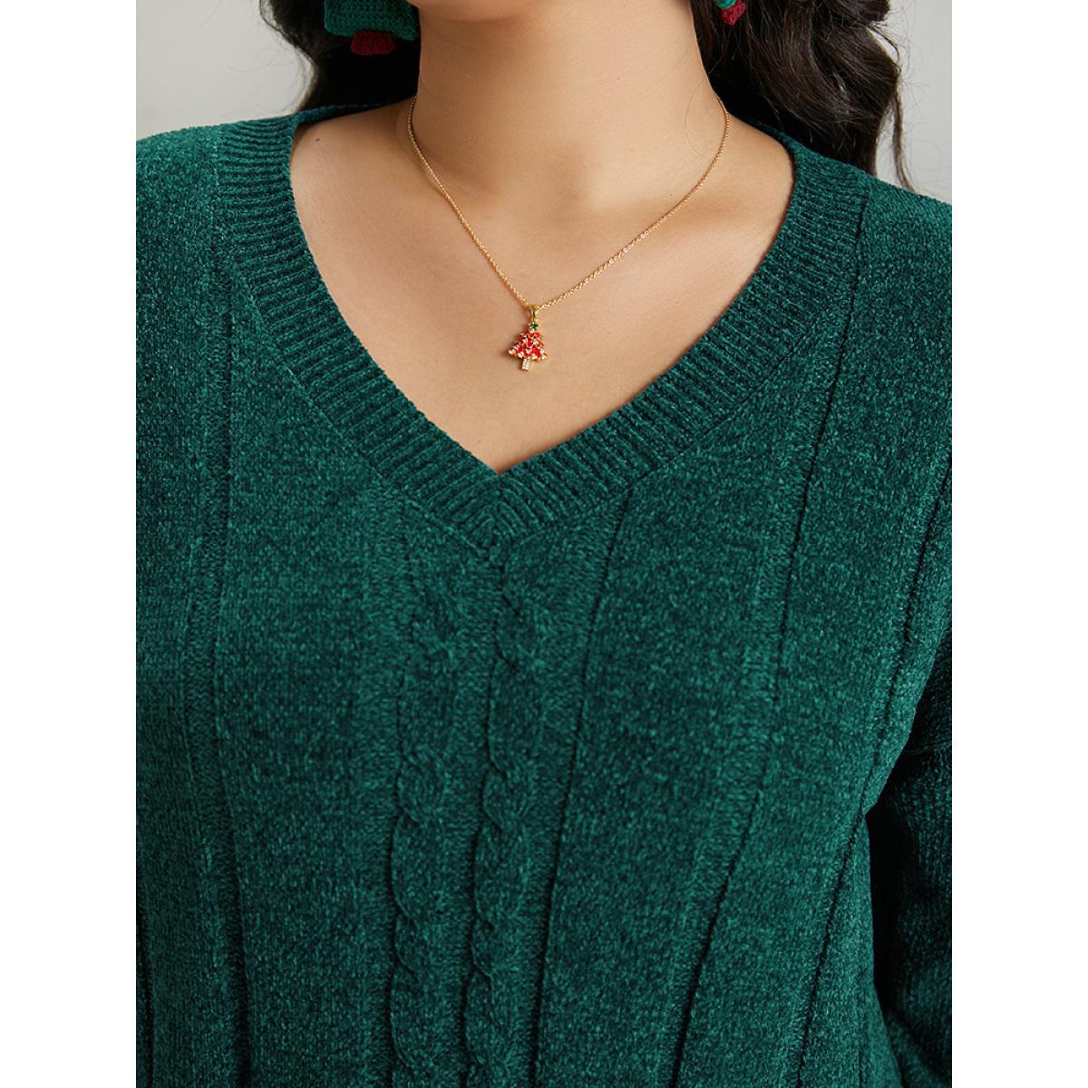 Plus Size Christmas Plain Cable Knit V Neck Pullover Emerald Women Casual Loose Long Sleeve V-neck Festival-Christmas Pullovers BloomChic 14-16/1X Product Image