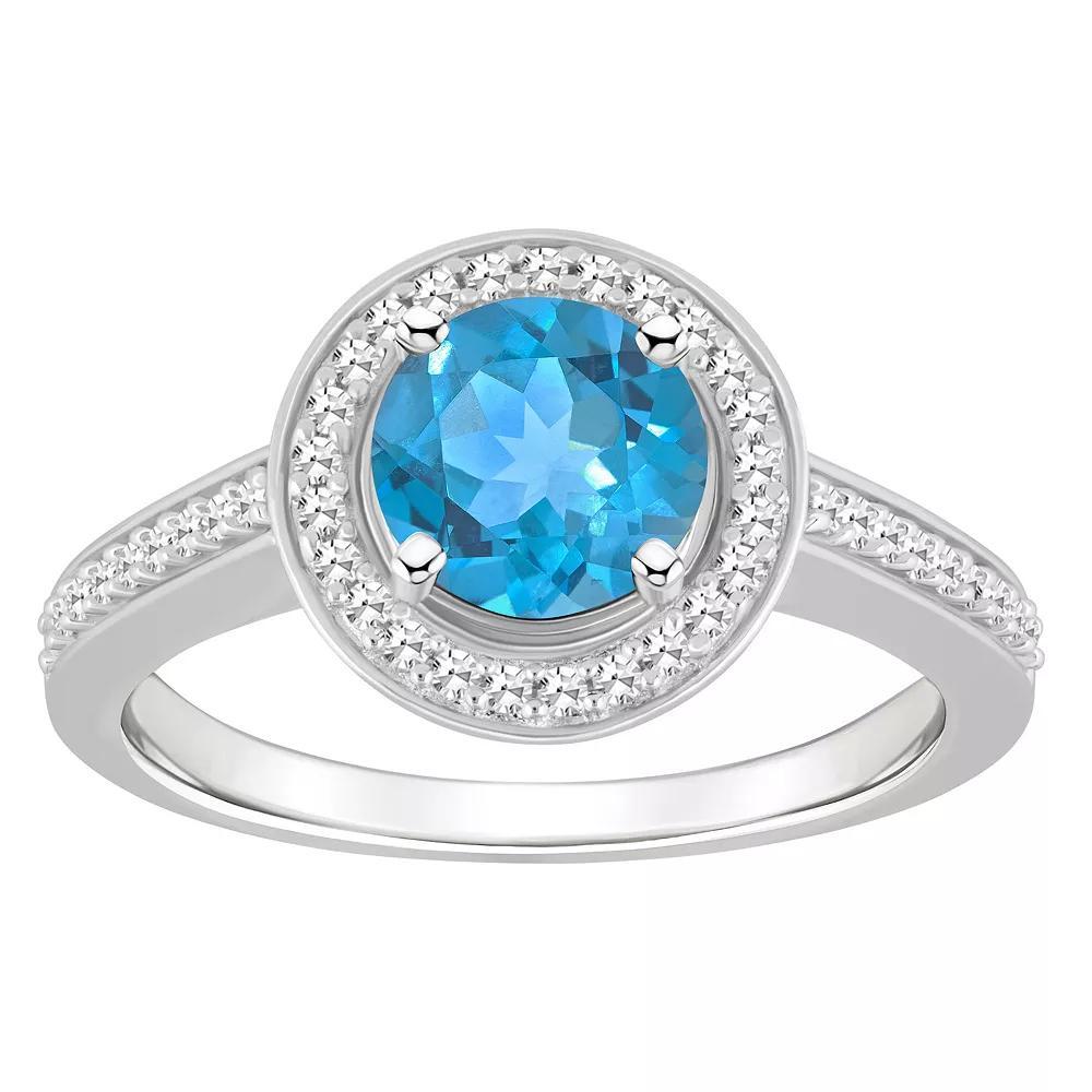 Celebration Gems Sterling Silver 7 mm Round Gemstone & 1/5 Carat T.W. Diamond Halo Ring, Women's, Size: 8, Blue Topaz Product Image