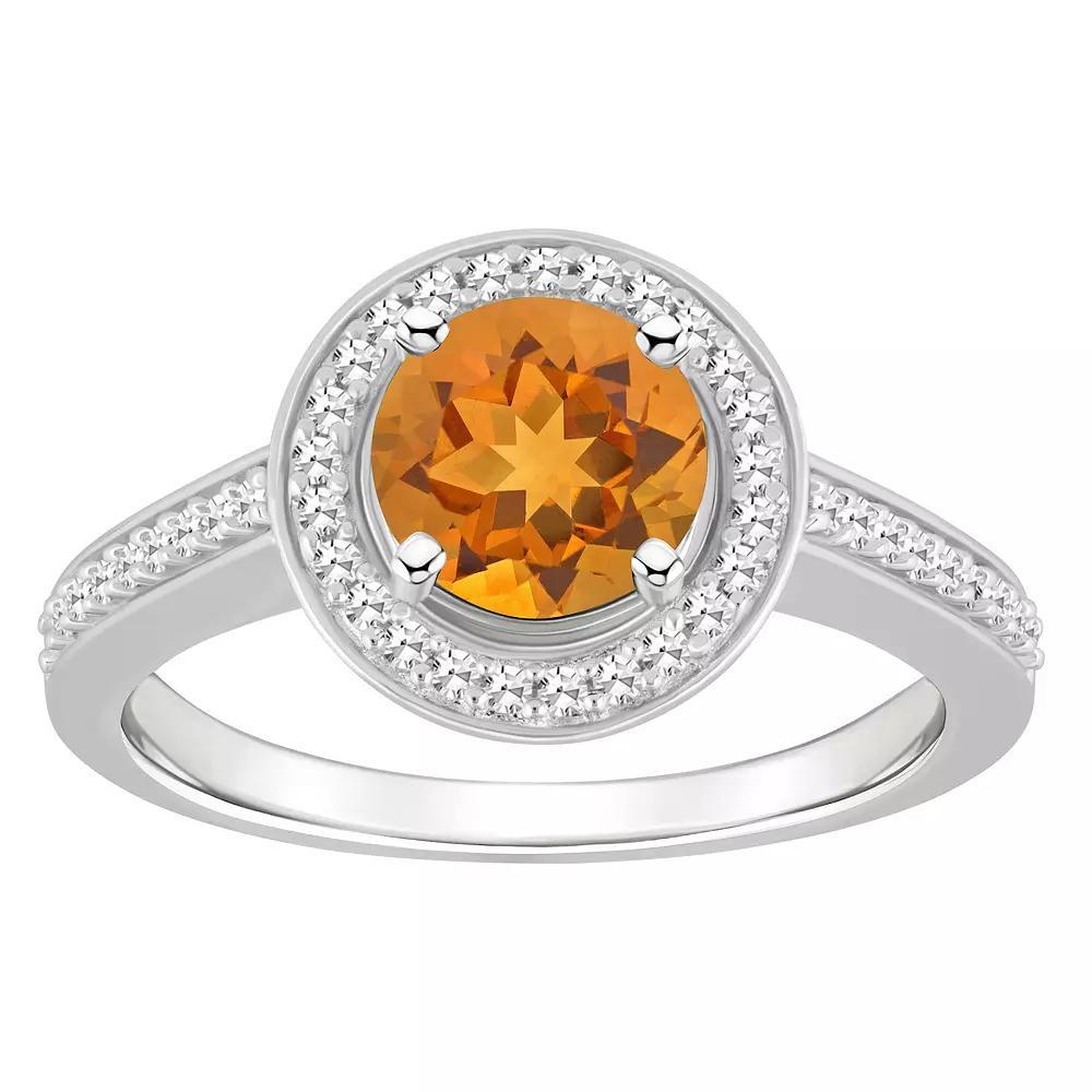Celebration Gems Sterling Silver 7 mm Round Gemstone & 1/5 Carat T.W. Diamond Halo Ring, Women's, Citrine Product Image