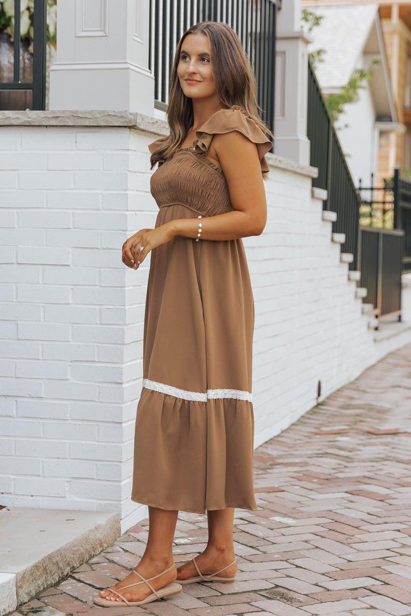 Brown Contrast Flutter Sleeve Midi Dress Female Product Image