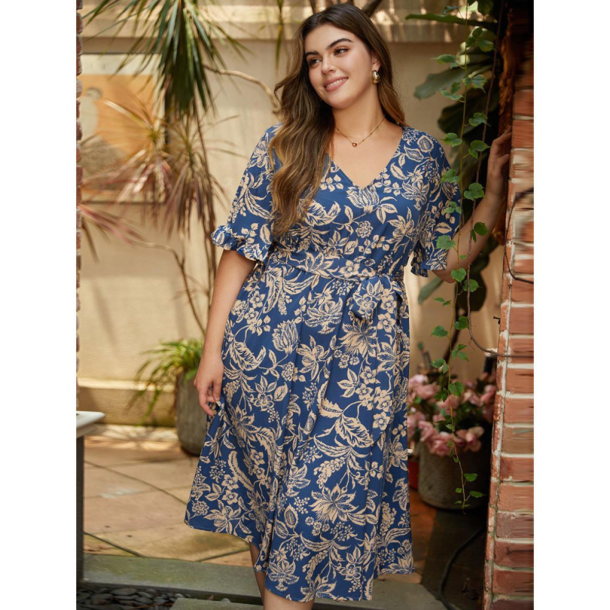 Plus Size Silhouette Floral Print Belted Flutter Trim Dress DarkBlue Women Vacation Gathered V-neck Short sleeve Curvy Midi Dress BloomChic 12/L Product Image