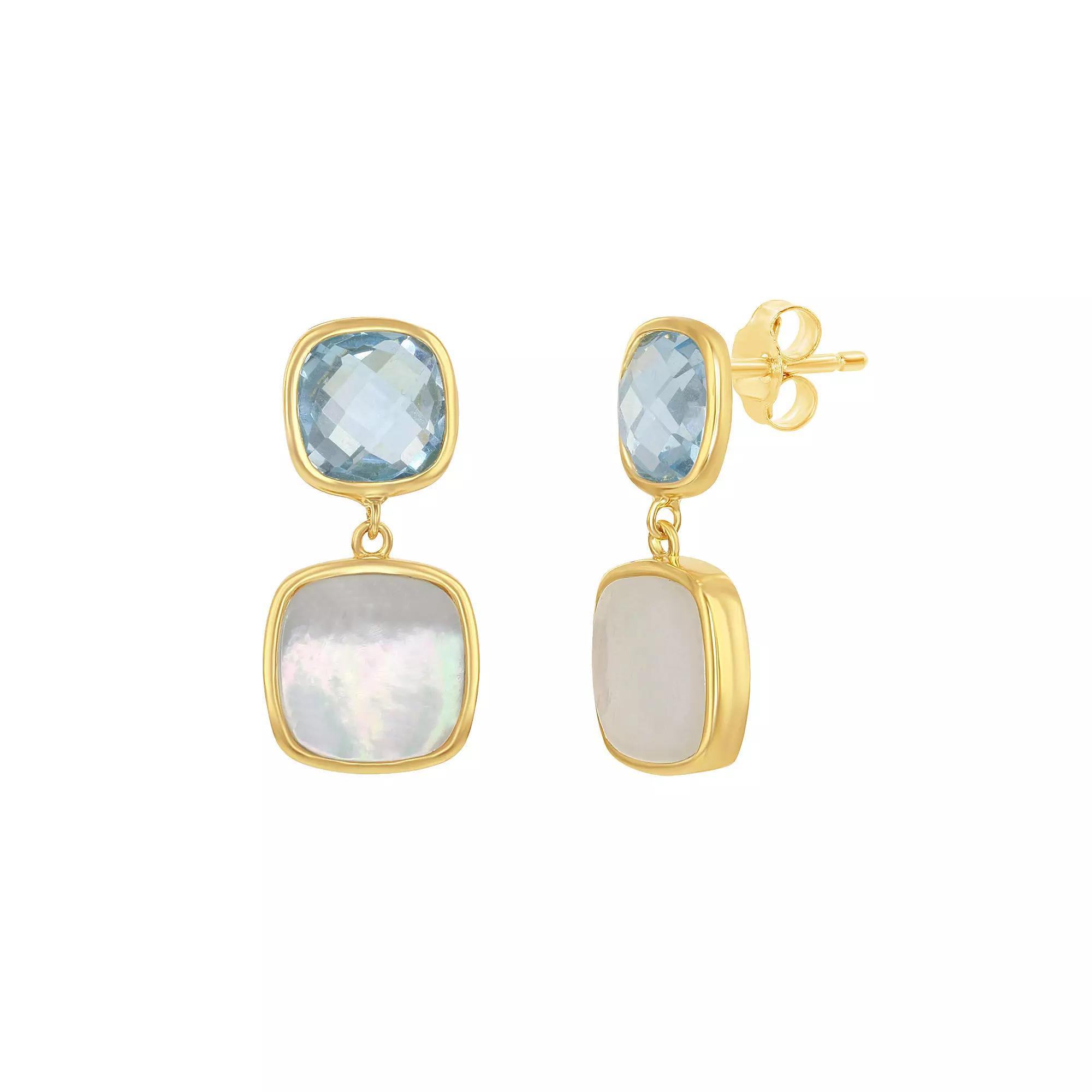 Sterling Silver 14K Gold Plated Blue Topaz Mop Earrings, Women's, Size: 5-9" ADJ, Gold Tone Product Image