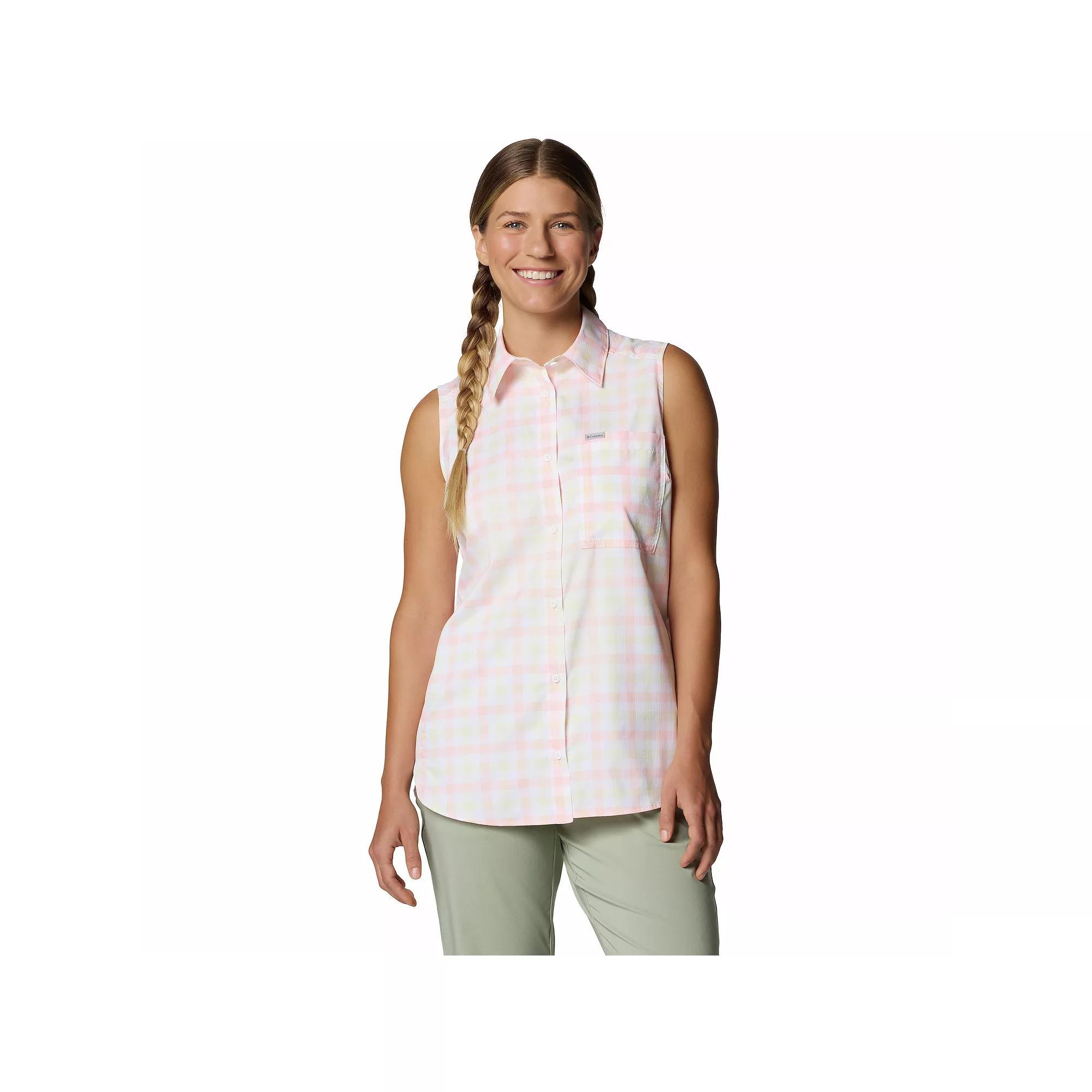 Women's Columbia Anytime Lite Collared Button Down Tank Top, Size: Small, Yellow Wash Gingham Product Image