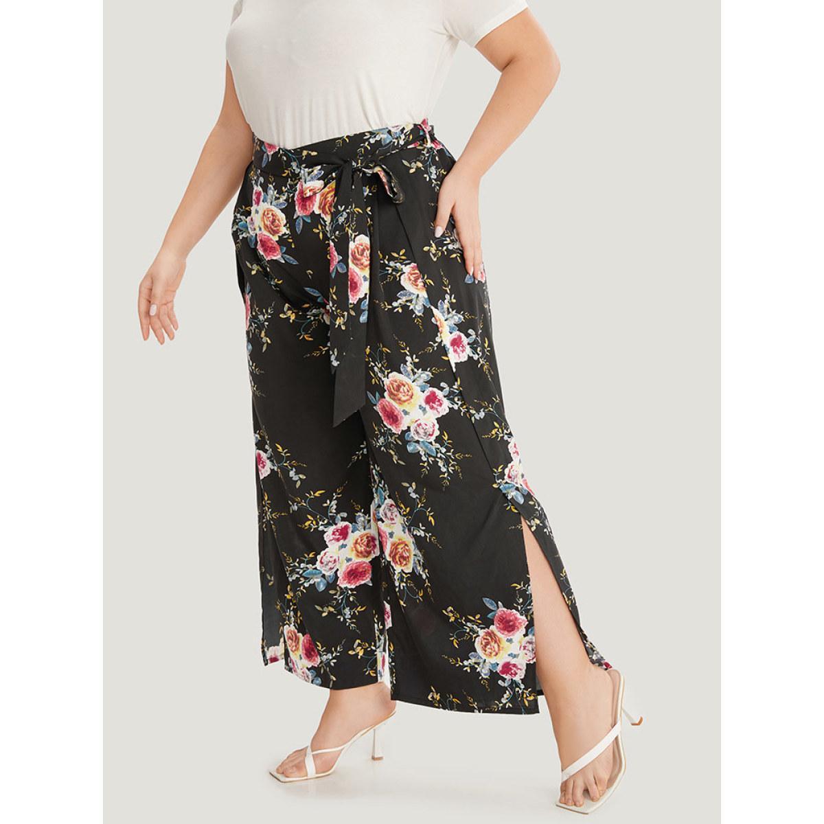 Plus Size Floral Print Belted Split Side Pleated Pants Women BlackFlower Elegant Straight Leg High Rise Dailywear Pants BloomChic 22-24/3X Product Image