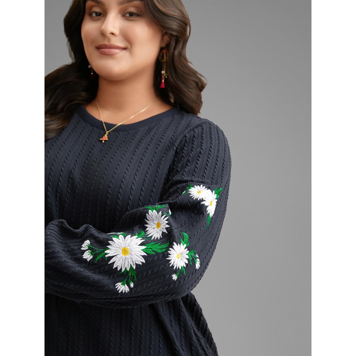 Plus Size Floral Embroidered Sleeves Sweatshirt Women Indigo Casual Texture Round Neck Everyday Sweatshirts BloomChic 26/4X Product Image