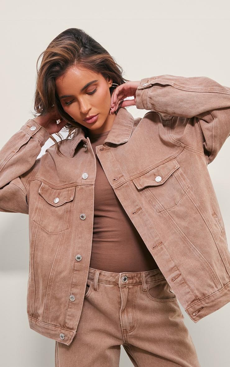Washed Taupe Oversized Boyfriend Denim Jacket Product Image