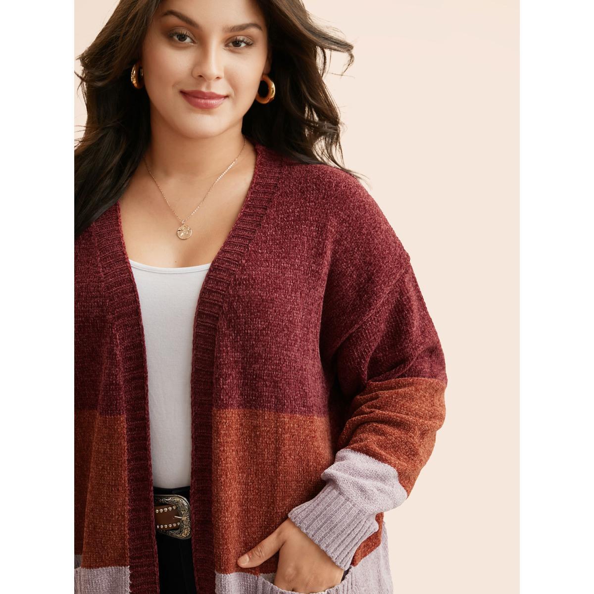 Plus Size Colorblock Contrast Patch Pocket Cardigan Yellowishbrown Women Casual Loose Long Sleeve Everyday Cardigans BloomChic 14-16/1X Product Image