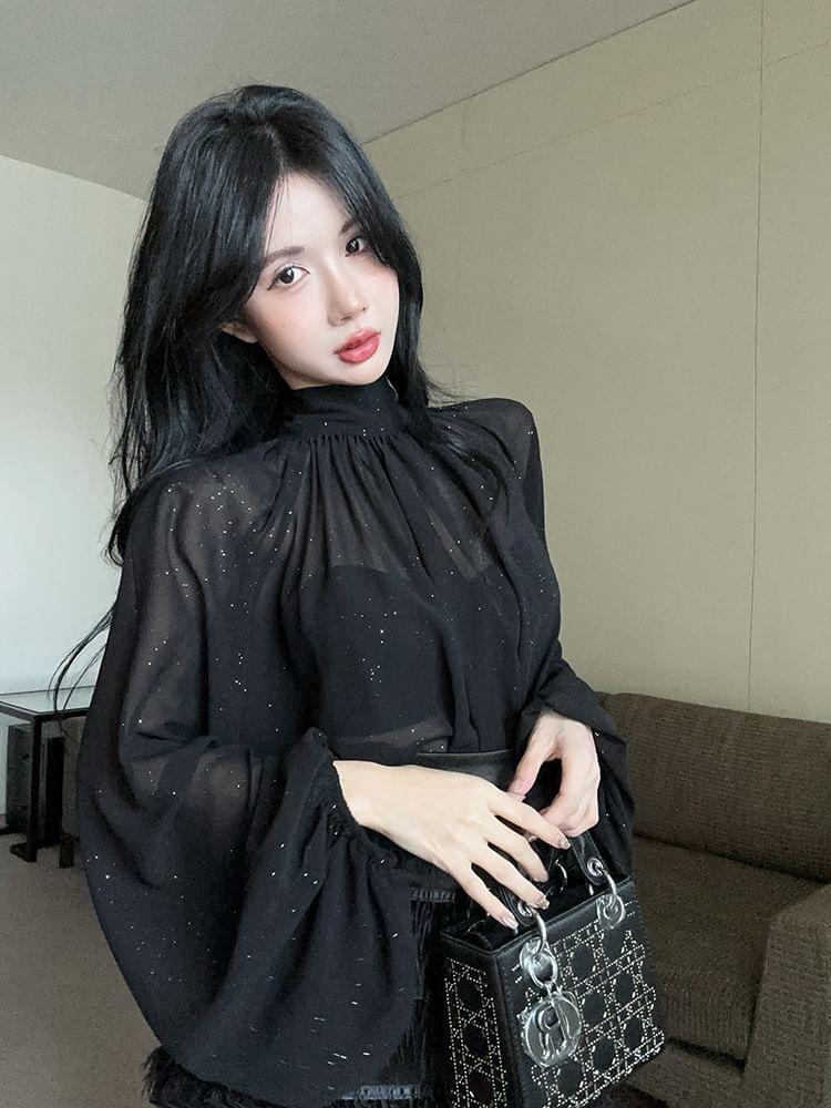 Long-Sleeve Mock Neck Plain Glitter Blouse / High Rise Fringe Mini Pencil Skirt Product Image