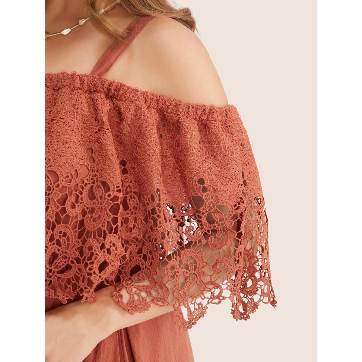 Plus Size Solid Cold Shoulder Contrast Lace Pocket Ruffle Hem Dress Chocolate Women Resort Broderie anglaise Non Short sleeve Curvy Midi Dress BloomChic 10/M Product Image