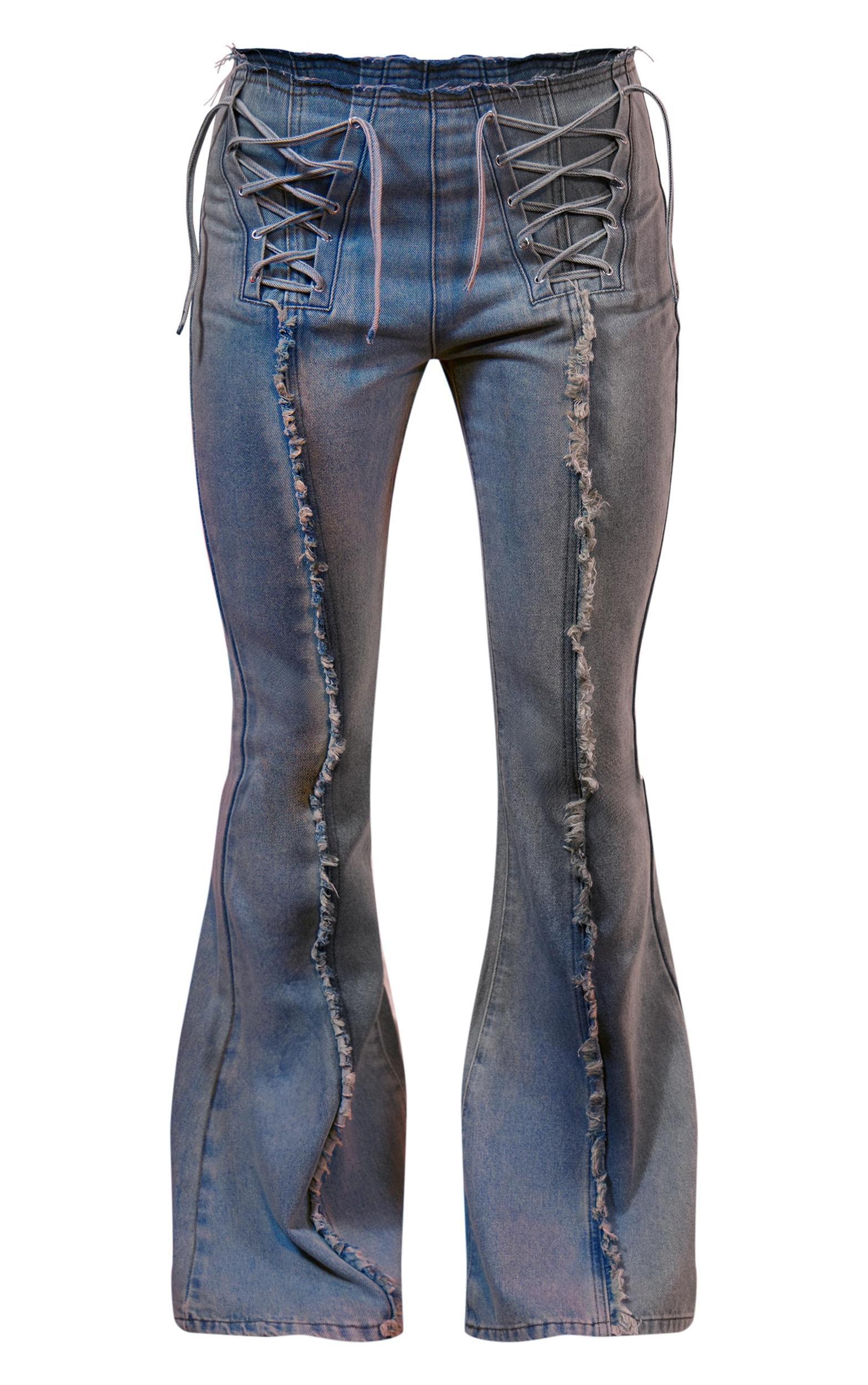 Light Blue Vintage Wash Front Frayed Seam Lace Up Detail Flared Jeans Product Image