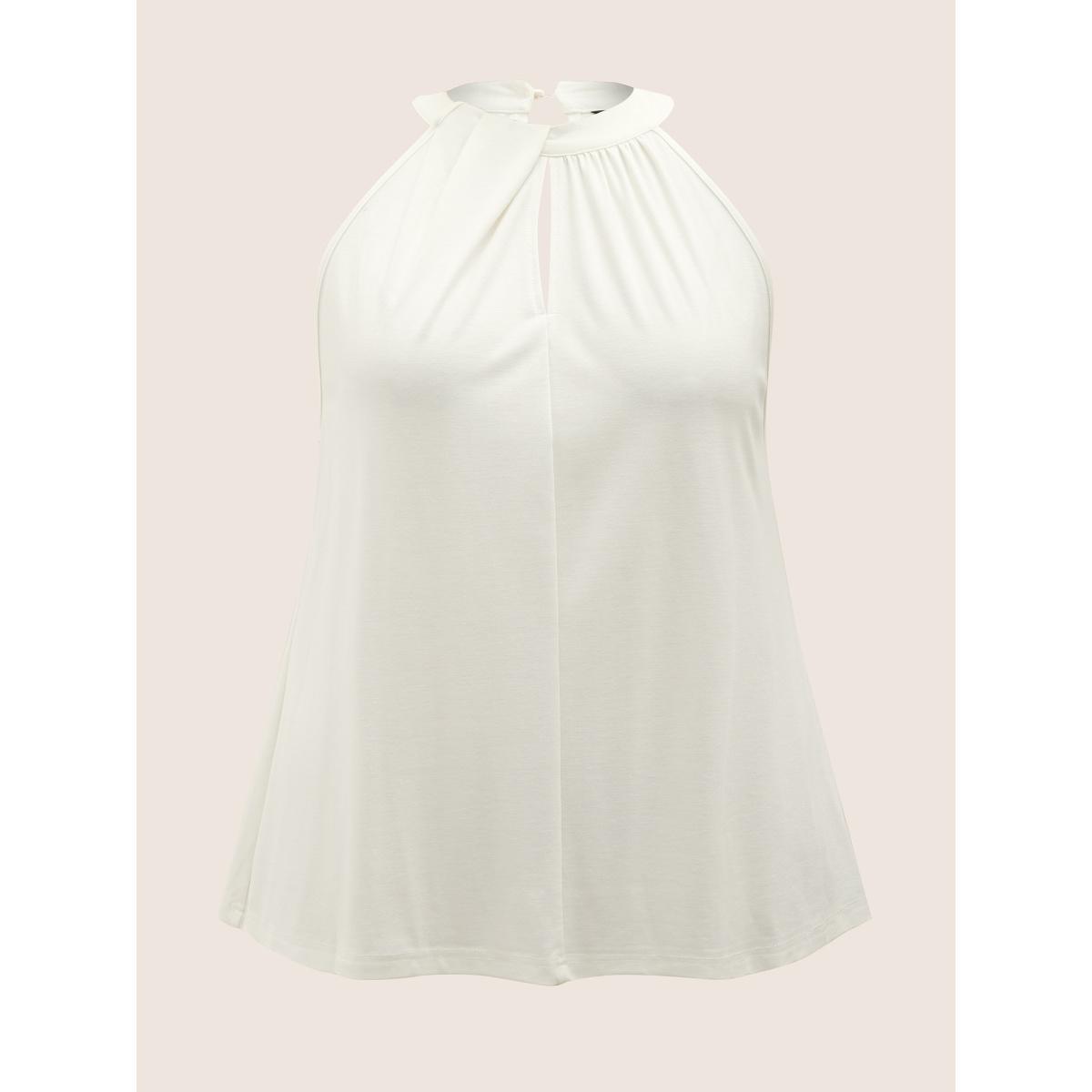 Plus Size Solid Stand Up Collar Gathered Tank Top Women White Elegant Button Stand-up collar Everyday Tank Tops Camis BloomChic 12/L Product Image