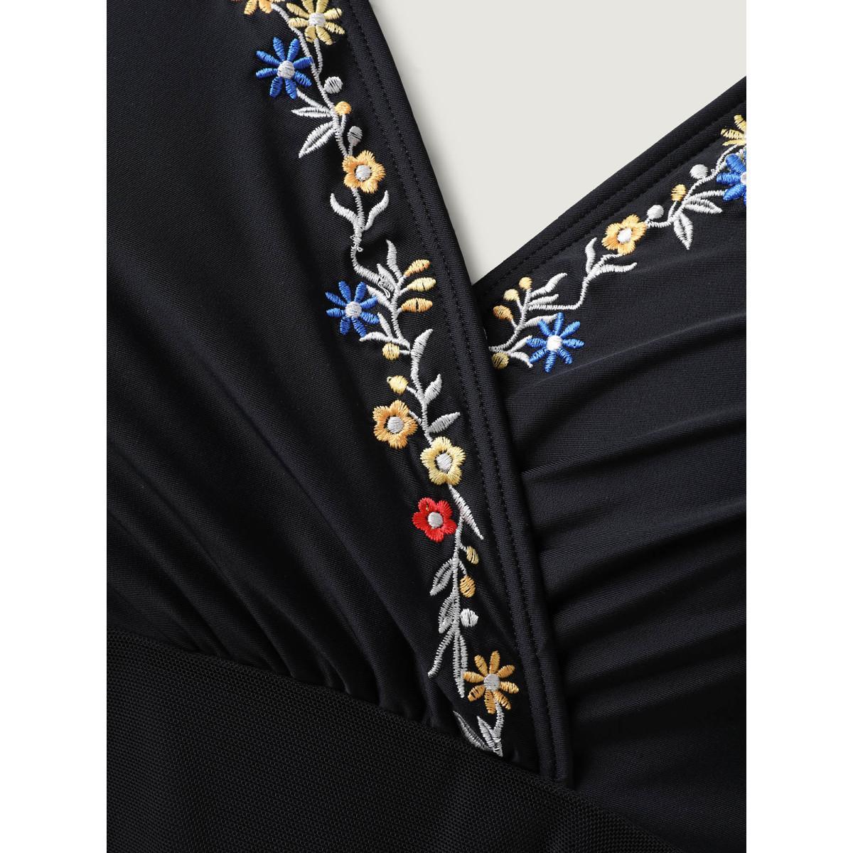 Plus Size Floral Embroidered Sheer Surplice Swim Dress Women's Swimwear Black Beach Bodycon Overlap Collar High stretch Curve Swim Dresses BloomChic 14-16/1X Product Image