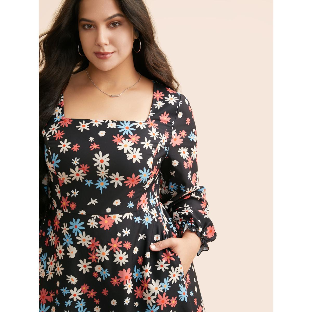 Plus Size Floral Square Neck Lantern Sleeve Dress BlackFlower Women Elegant Ruffles Square Neck Long Sleeve Curvy BloomChic 14-16/1X Product Image