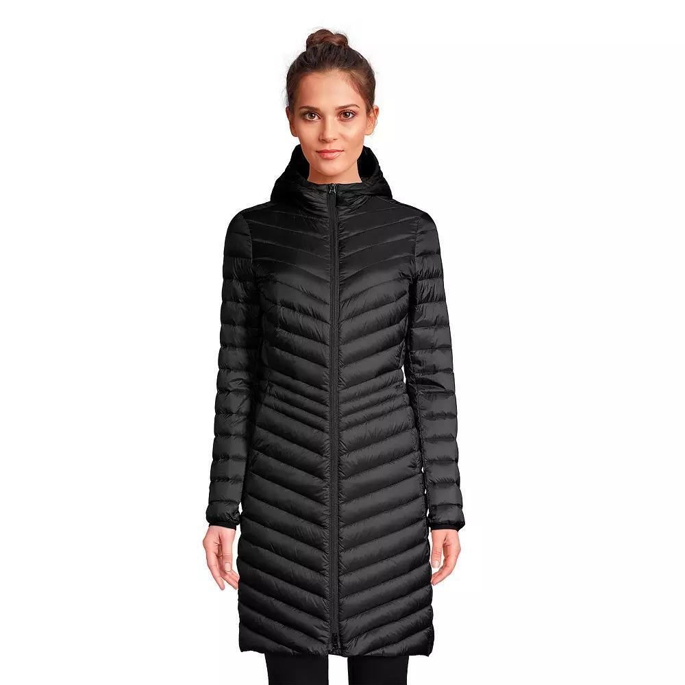 Women's Lands' End Hooded Wanderweight Ultralight Packable Long Down Coat, Size: Medium Tall, Black Product Image
