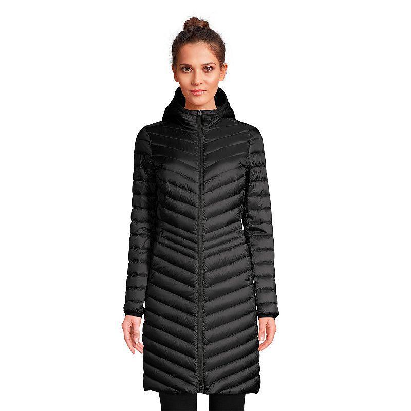 Women's Lands' End Hooded Wanderweight Ultralight Packable Long Down Coat, Size: Medium Tall, Black Product Image