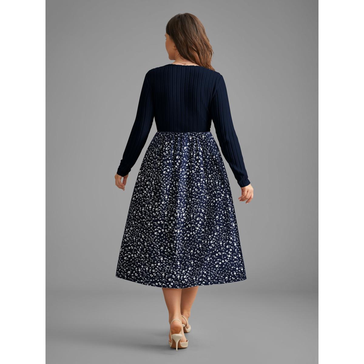 Plus Size Ditsy Floral Patchwork Texture Midi Dress Indigo Women Elegant Texture V-neck Long Sleeve Curvy BloomChic 14-16/1X Product Image