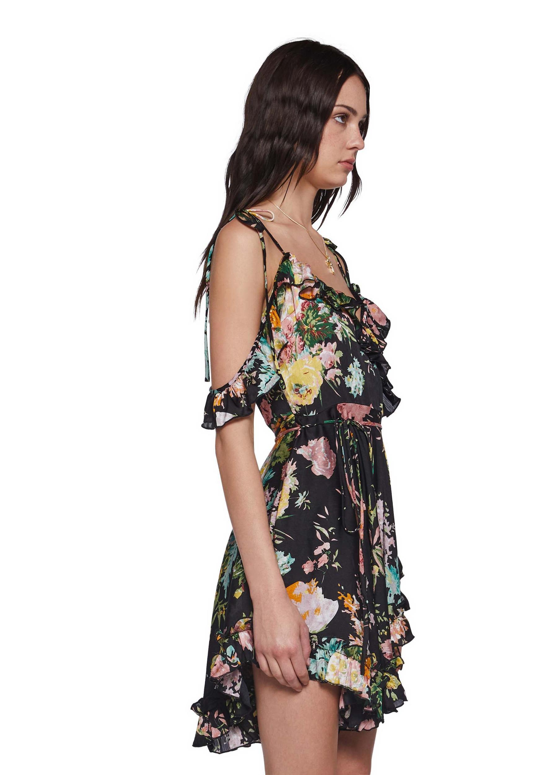 Womens Sheer Floral Chiffon Ruffled Wrap Dress Current Mood - Black Product Image
