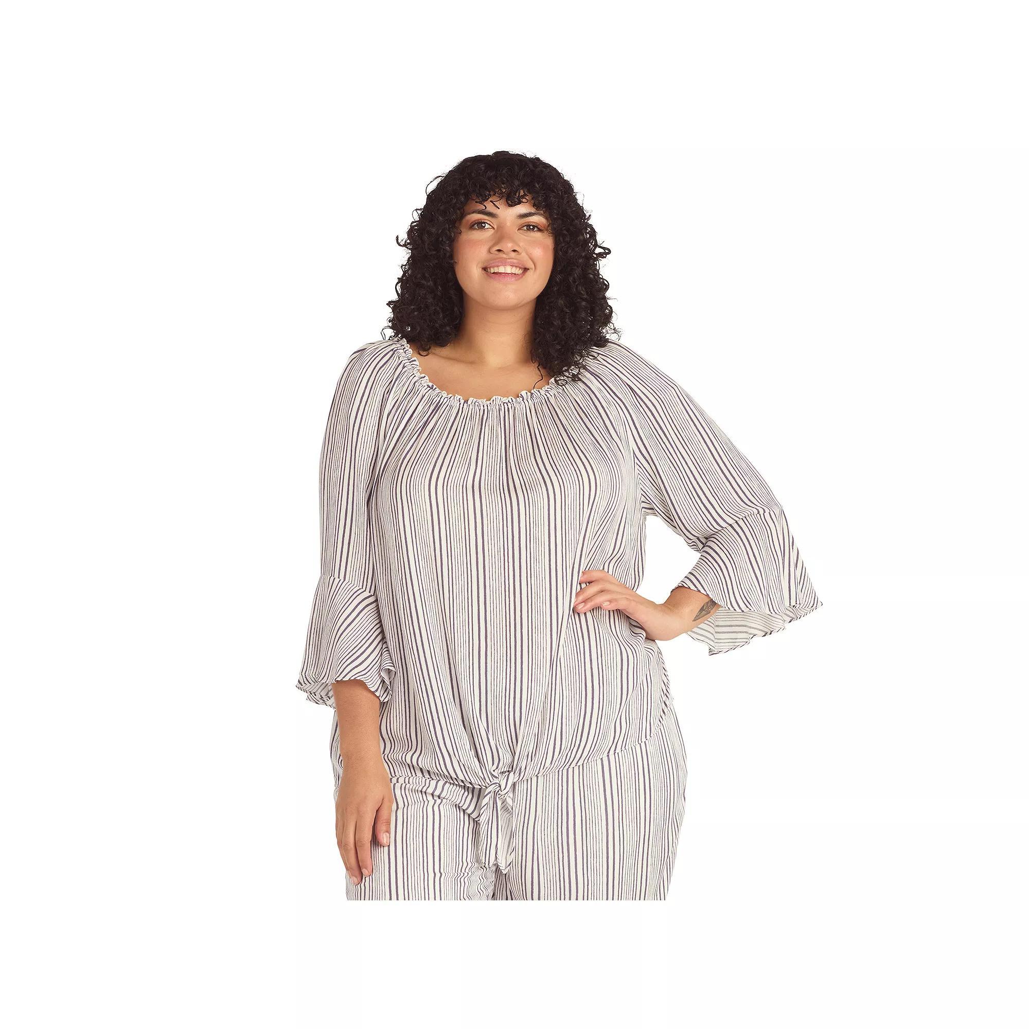 Plus Size AB Studio Off-The-Shoulder Bell Sleeve Top, Womens Blue Ow Stripe Product Image