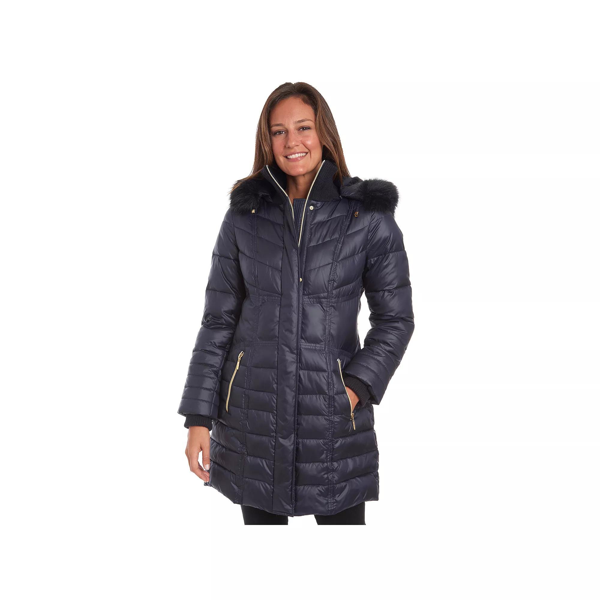 Women's Fleet Street Long Faux Down Coat with Detachable Faux Fur Trimmed Hood, Size: Small, Blue Product Image