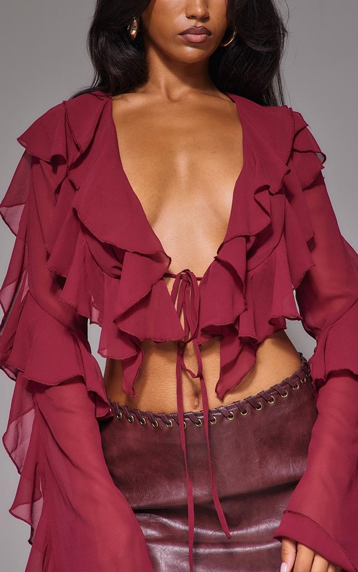 Plum Sheer Woven Ruffle Tie Crop Blouse Product Image