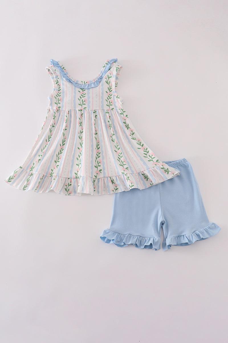 Blue floral print ruffle shorts set Product Image