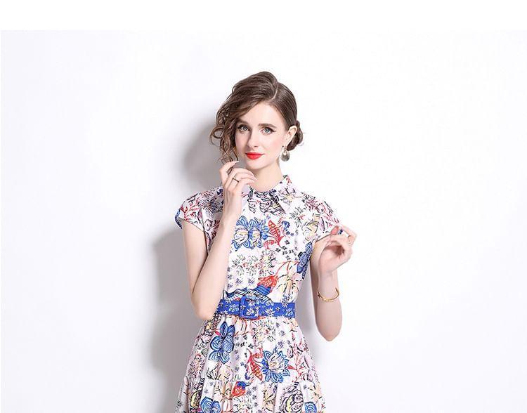 Cap Sleeve Collared Floral Print Belted Midi A-Line Dress Product Image