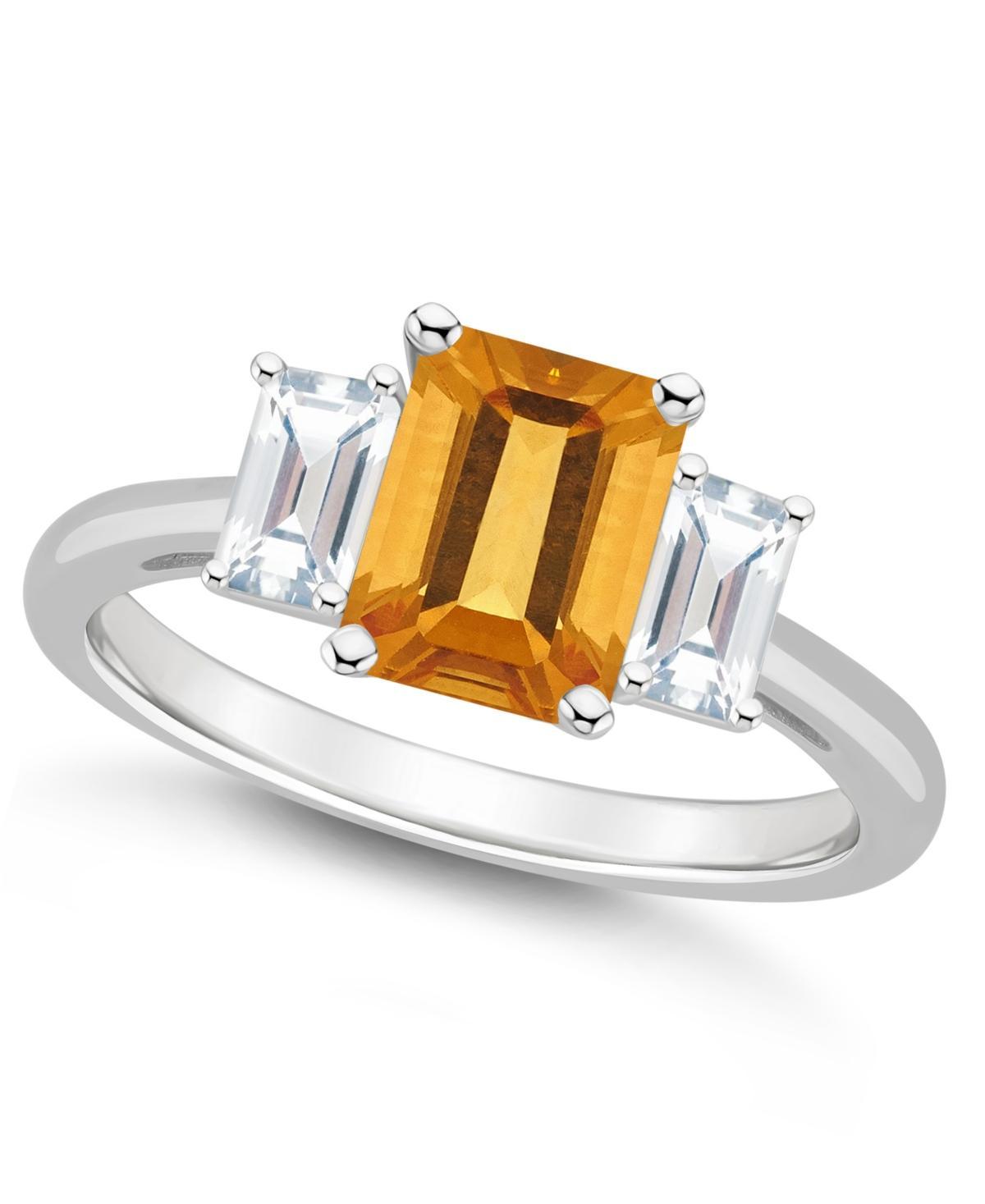 Alyson Layne Sterling Silver 8 mm x 6 mm Emerald Cut Gemstone & White Topaz Three-Stone Ring, Women's, Size: 9, Citrine Product Image