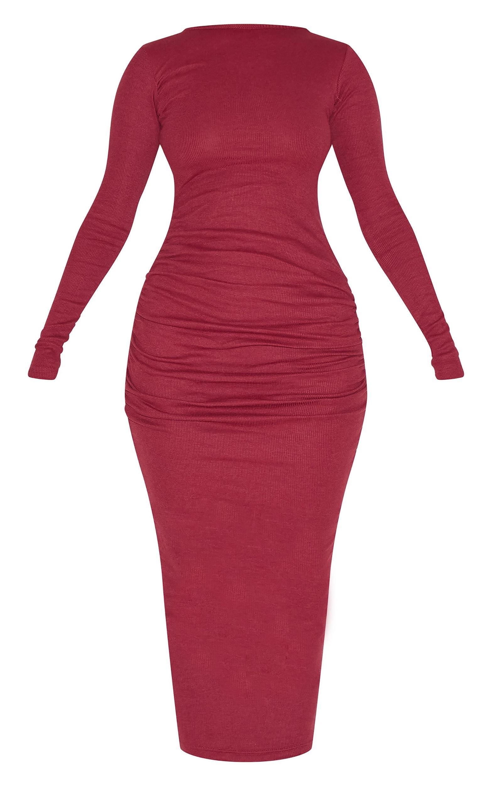 Burgundy Ribbed Ruched Detail Long Sleeve Maxi Product Image