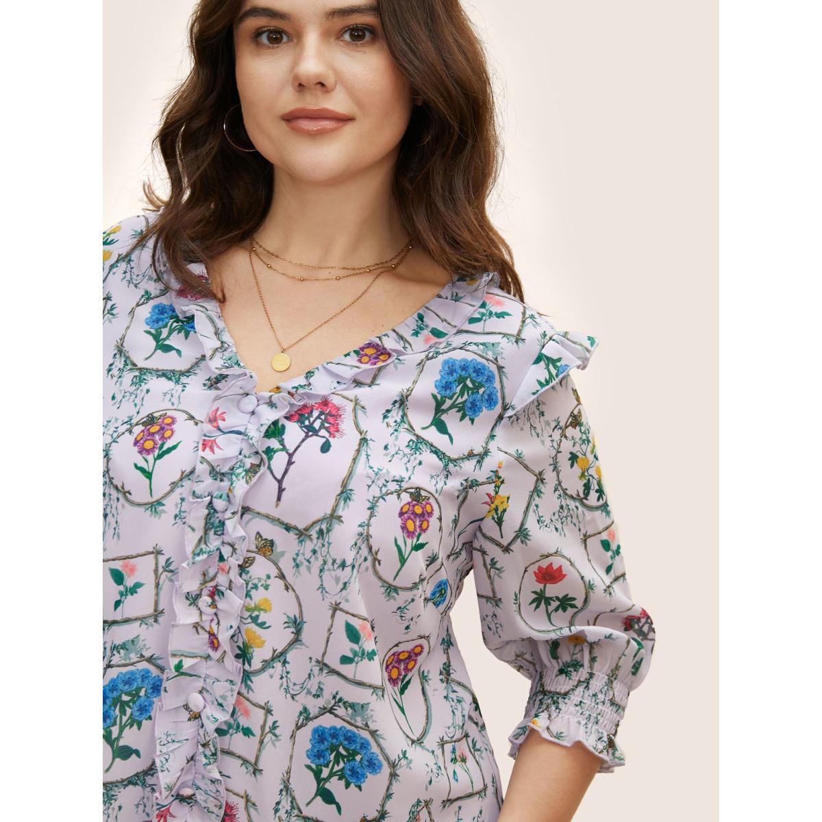 Plus Size Lavender Boho Print Lantern Sleeve Ruffle Trim Blouse Women Elegant Elbow-length sleeve V-neck Everyday Blouses BloomChic 14-16/1X Product Image
