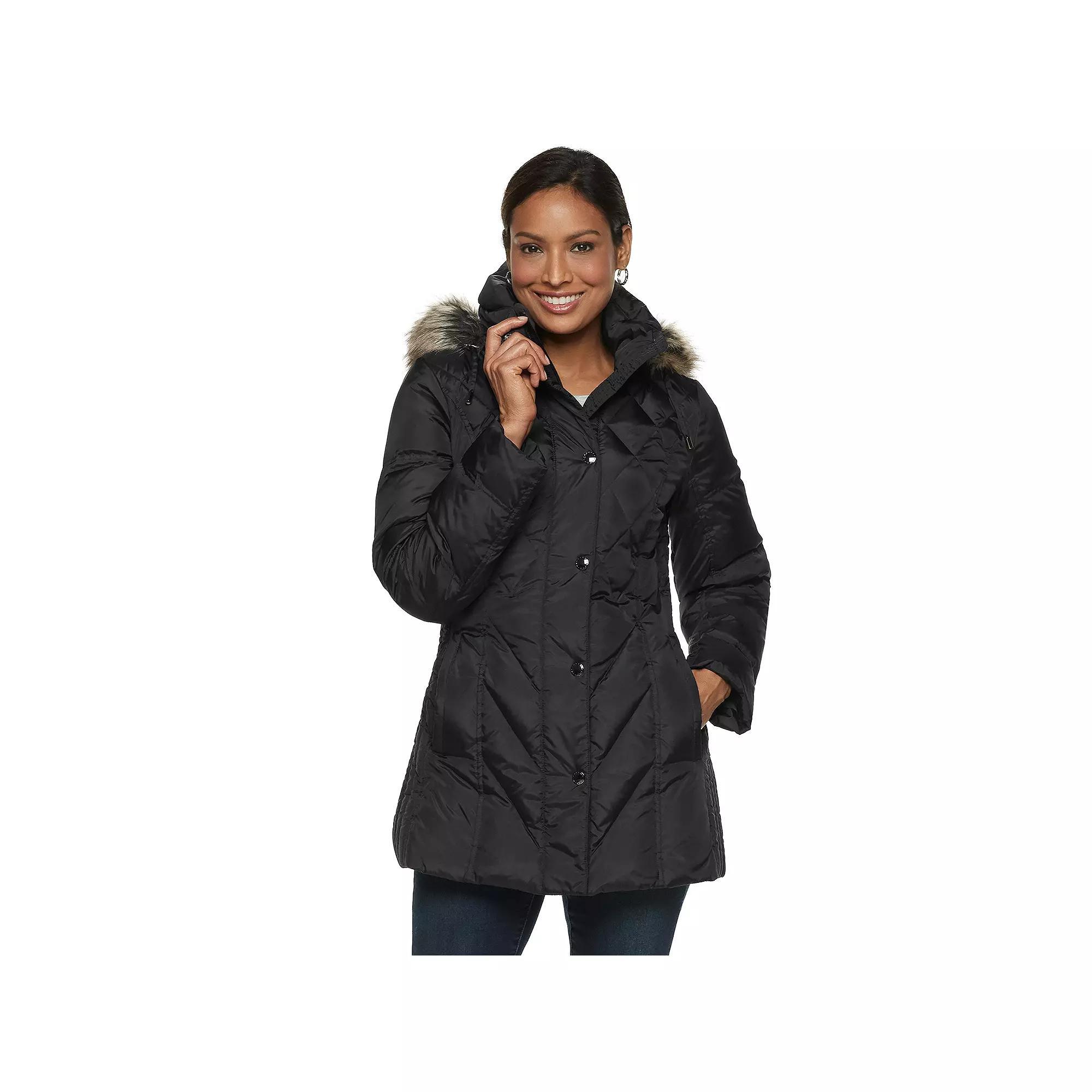 Women's TOWER by London Fog Hooded Faux-Fur Down Puffer Coat, Size: Small, Black Product Image