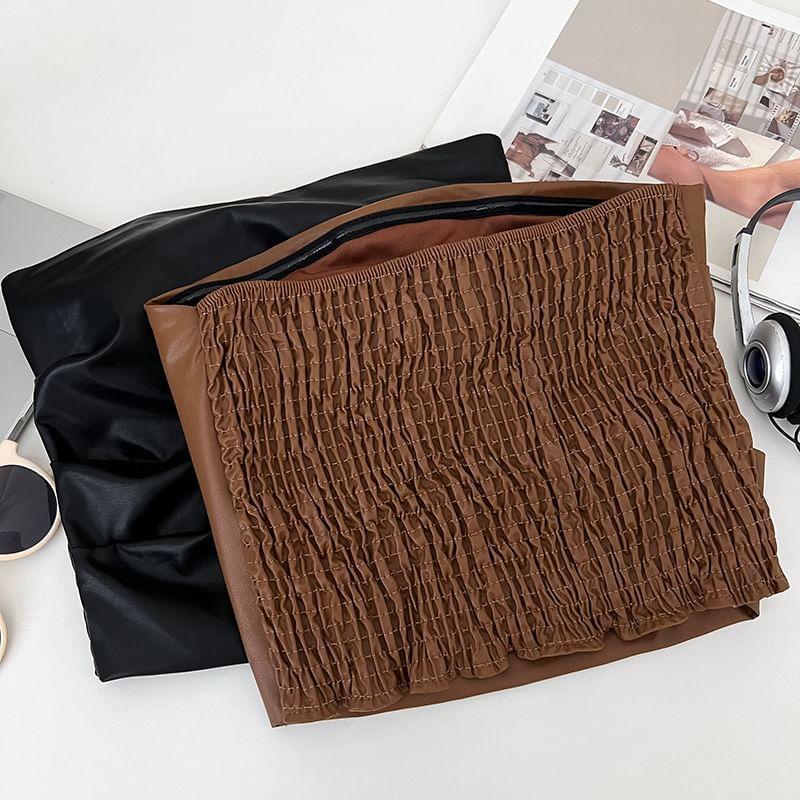 Strapless Plain Faux Leather Ruched Crop Top Product Image