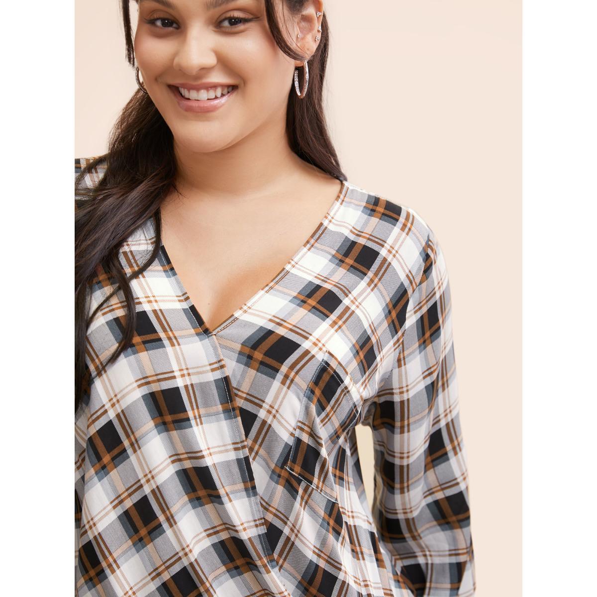 Plus Size Browncoffeecolor Plaid Overlap Collar Patch Pocket Blouse Women Casual Three Quater Length Sleeve Overlap Collar Everyday Blouses BloomChic 12/L Product Image