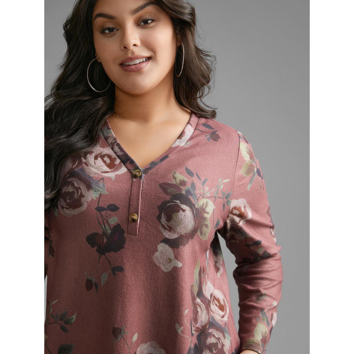 Plus Size V Neck Floral Print Button Up T-shirt DustyPink Women Casual Button Natural Flowers V-neck Everyday T-shirts BloomChic 30/6X Product Image