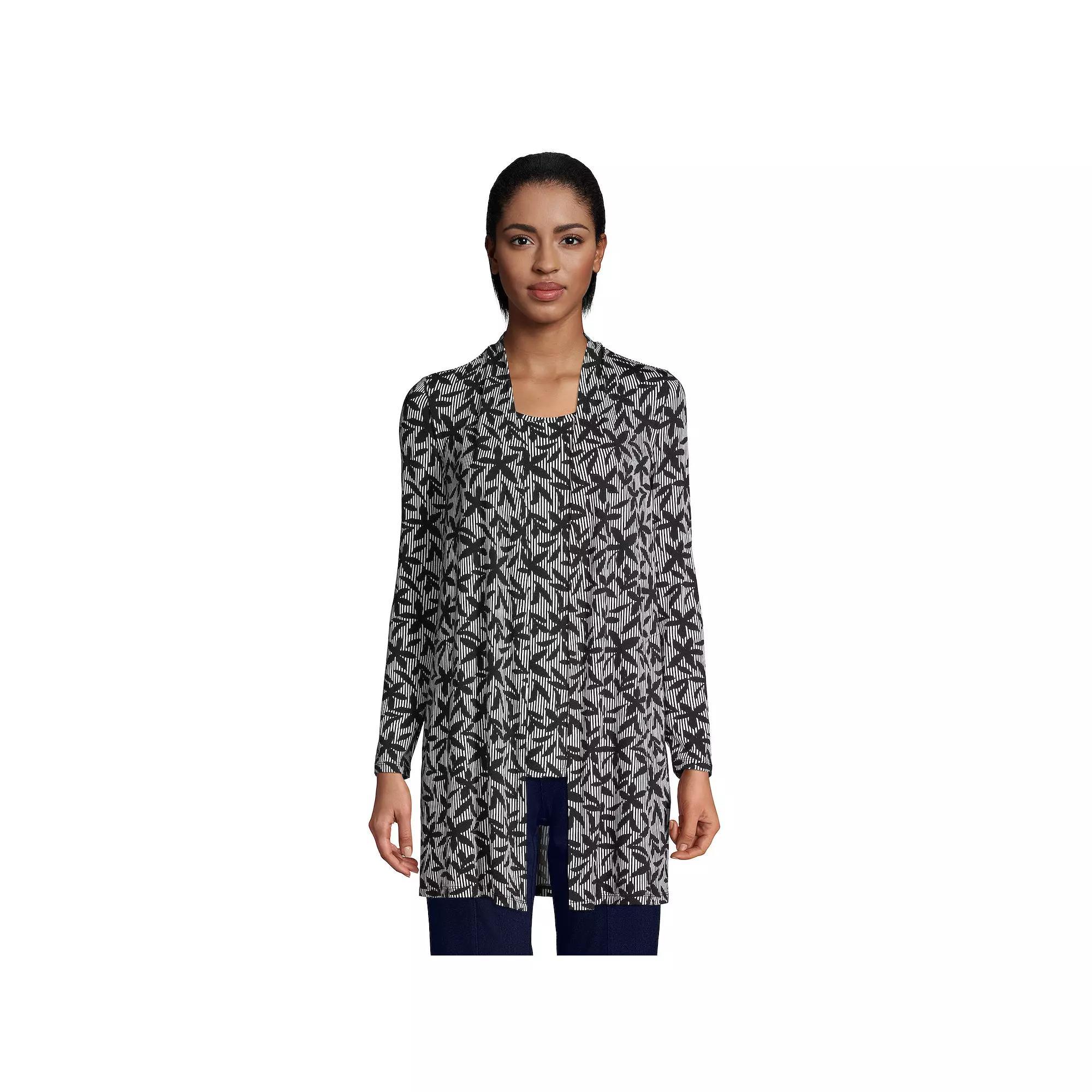 Women's Lands' End Draped Long Open-Front Cardigan, Size: Medium, White Stripe Floral Product Image