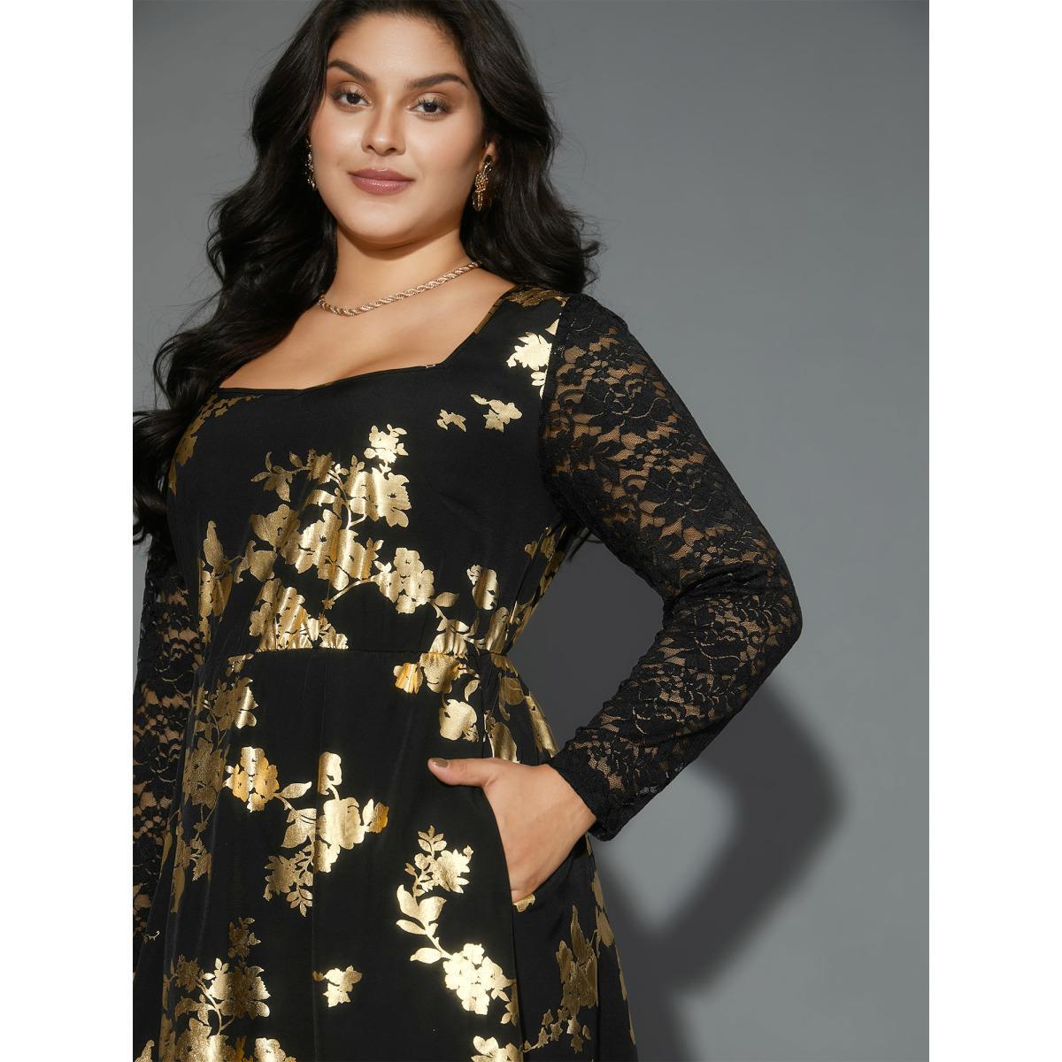 Plus Size Glitter Floral Crochet Lace Mesh Dress Black Women Cocktail Woven ribbon&lace trim Party Curvy Bloomchic 30/6X Product Image