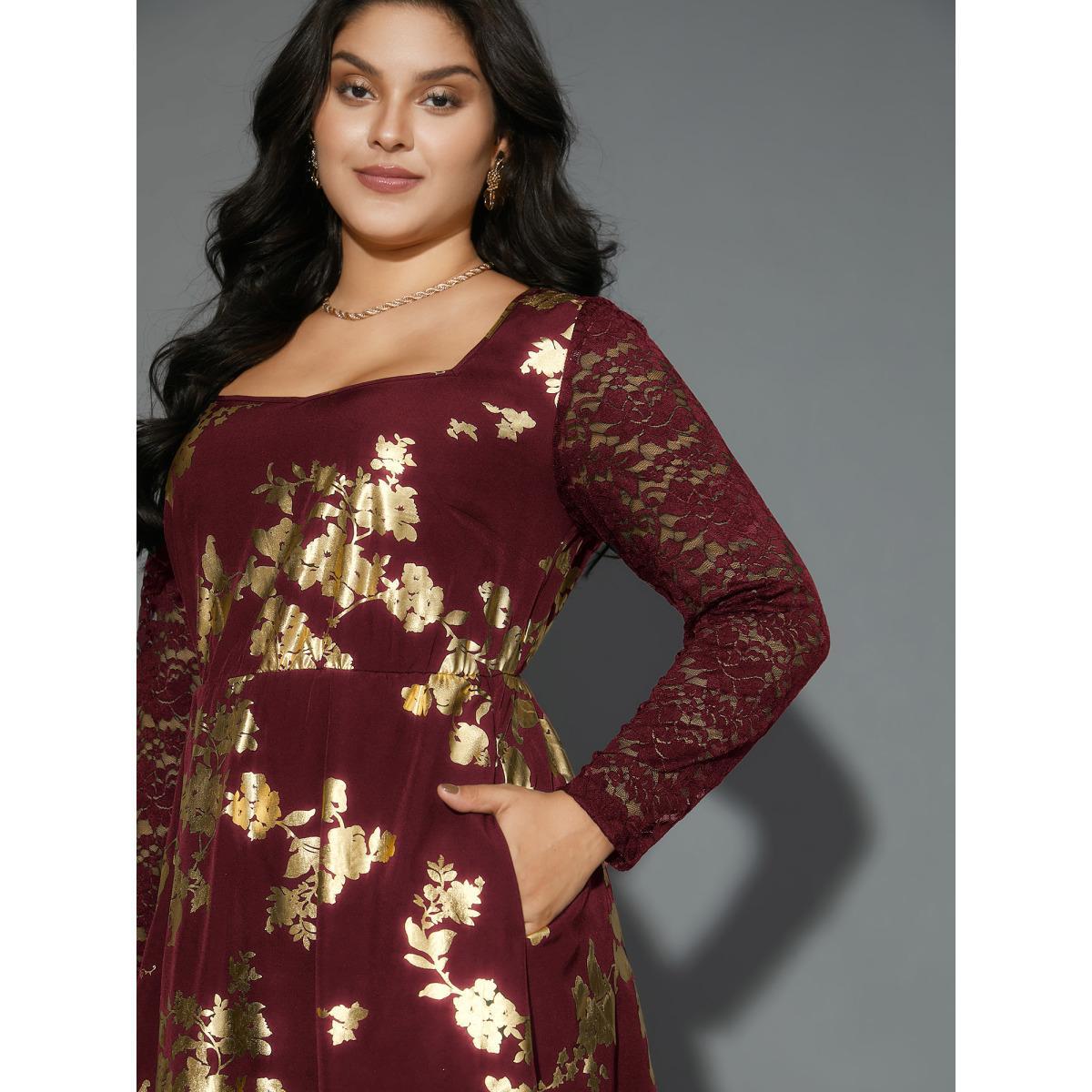 Plus Size Glitter Floral Crochet Lace Mesh Dress Burgundy Women Cocktail Woven ribbon&lace trim Party Curvy Bloomchic 12/L Product Image