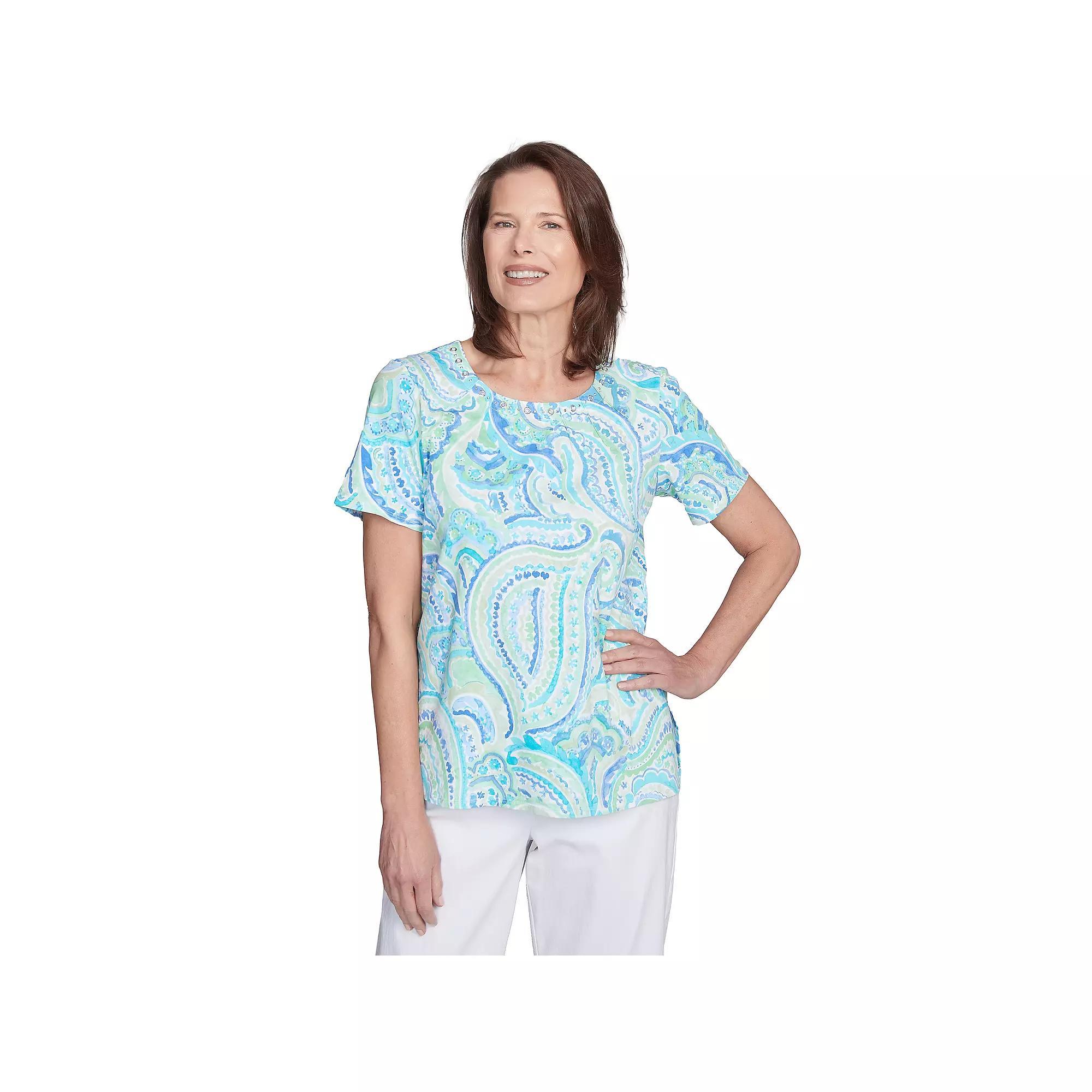 Petite Alfred Dunner Pleated Crew Neck Paisley Top, Women's, Size: Large Petite, Blue Team Product Image