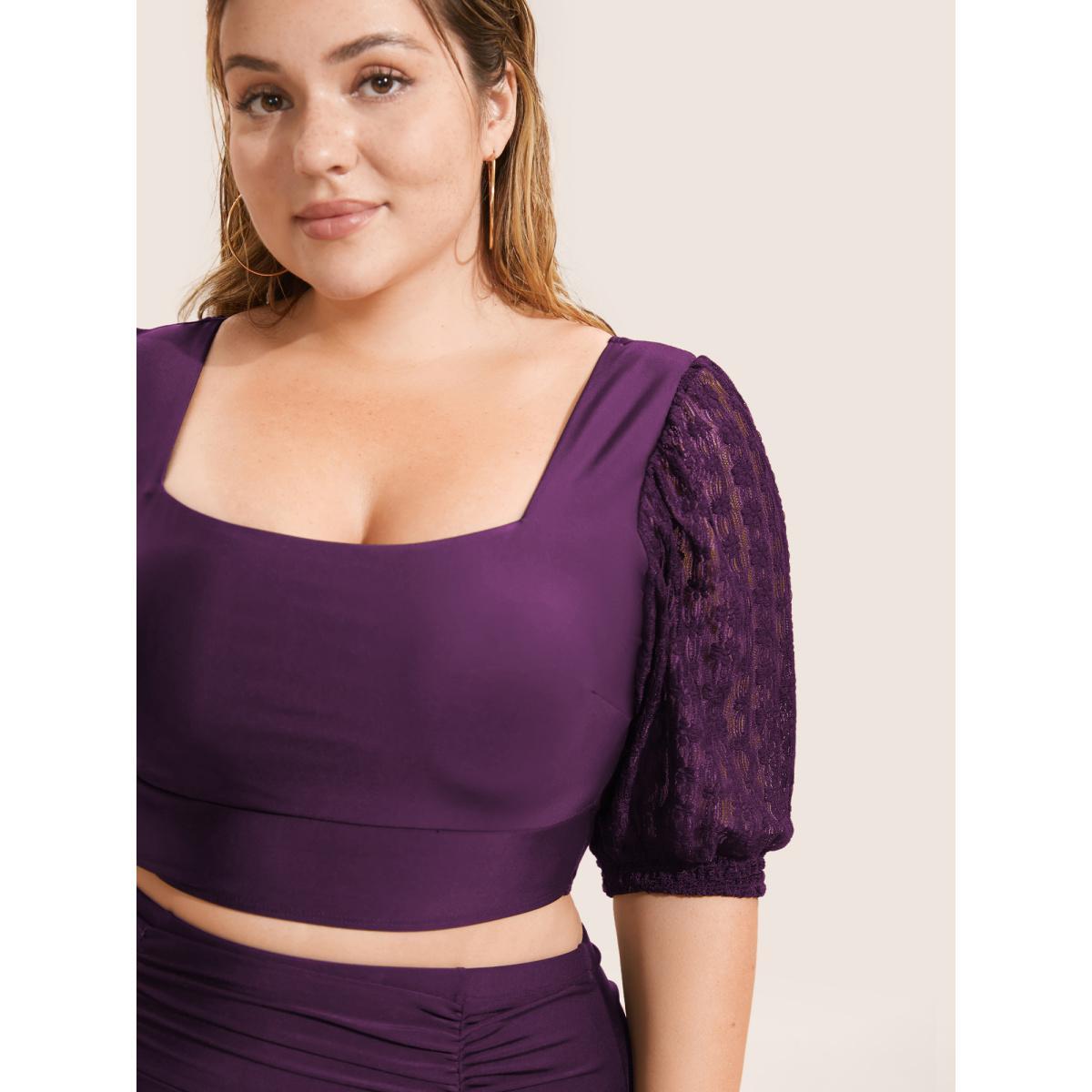 Plus Size Square Neck Patchwork See Through Swim Top Women's Swimwear Indigo Beach See through High stretch Skinny Square Neck Curve Swim Tops BloomChic 26/4X Product Image