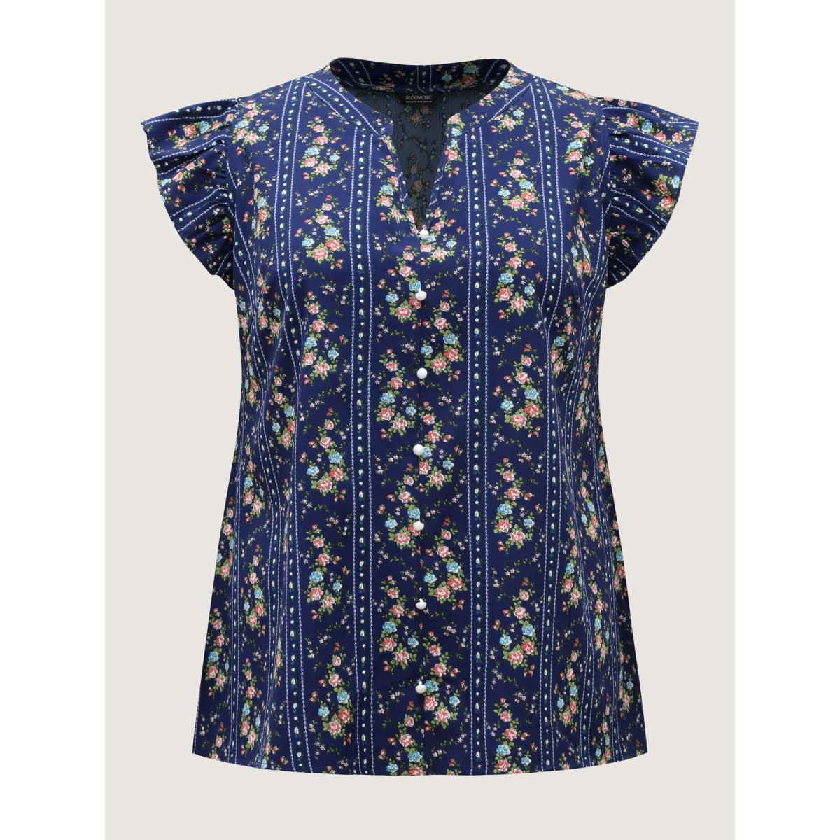 Plus Size DarkBlue Floral Stripes Flutter Sleeve Blouse Women Cap Sleeve Flat collar with V-notch Everyday-Elegant Blouses BloomChic 18-20/2X Product Image