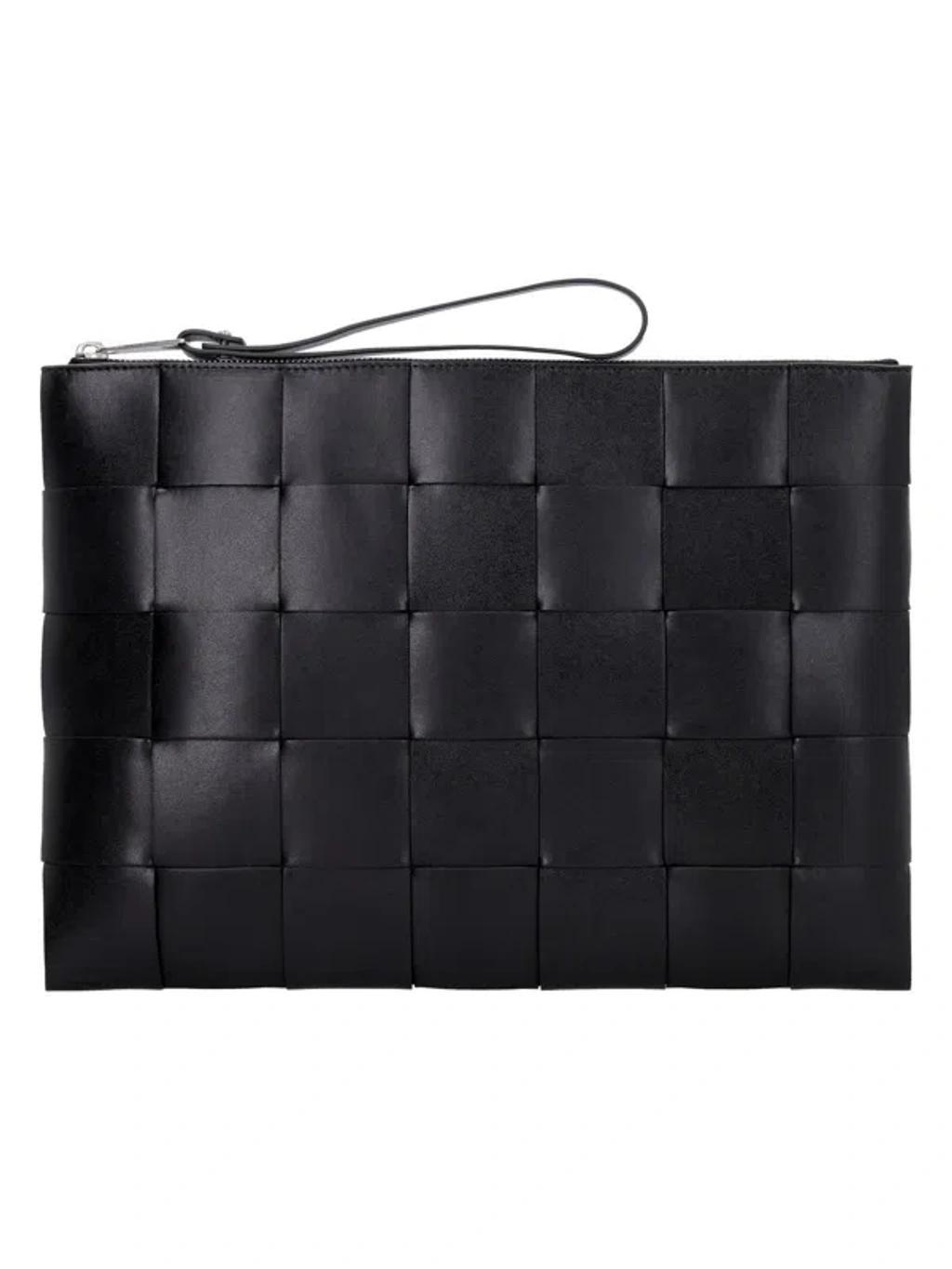 BOTTEGA VENETA Black Woven Leather Pouch Handbag For Men Product Image