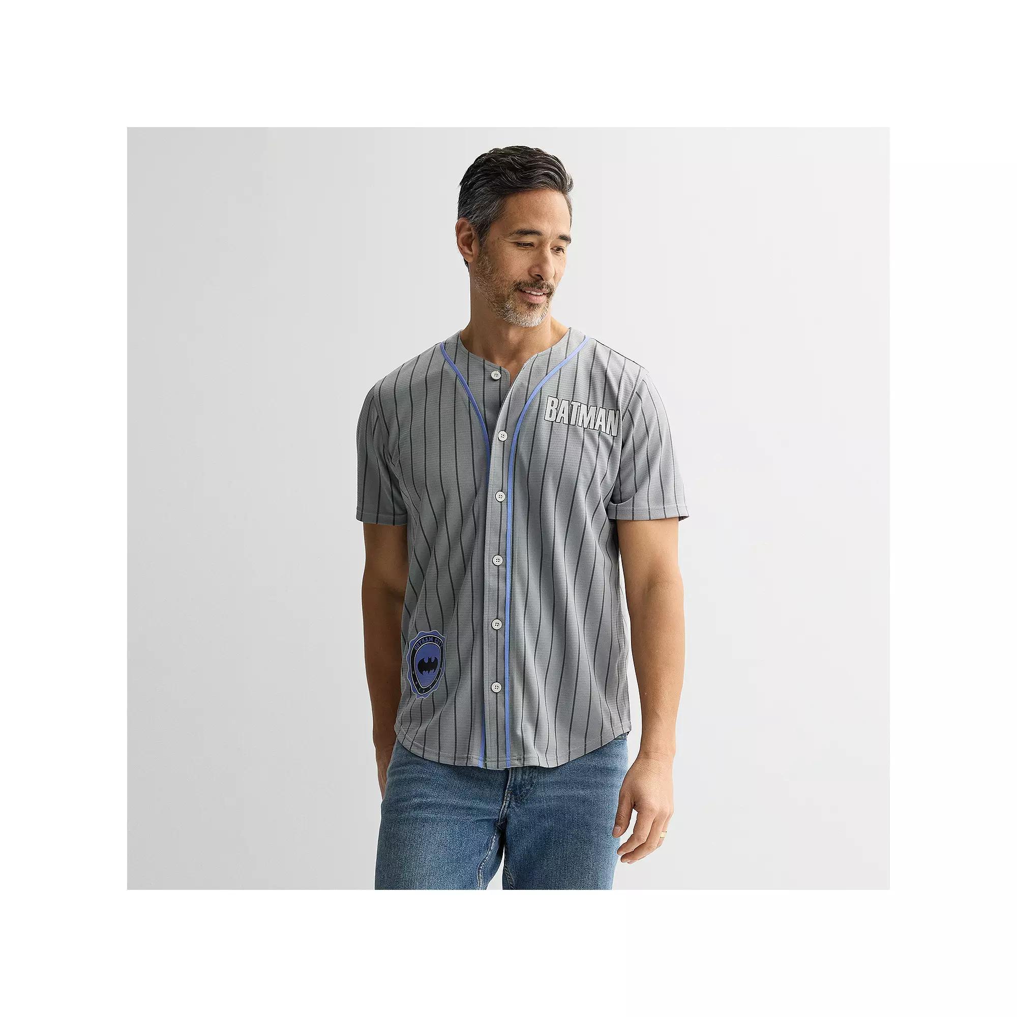 Men's Batman Pinstriped Graphic Baseball Jersey, Size: Large, Gray Product Image