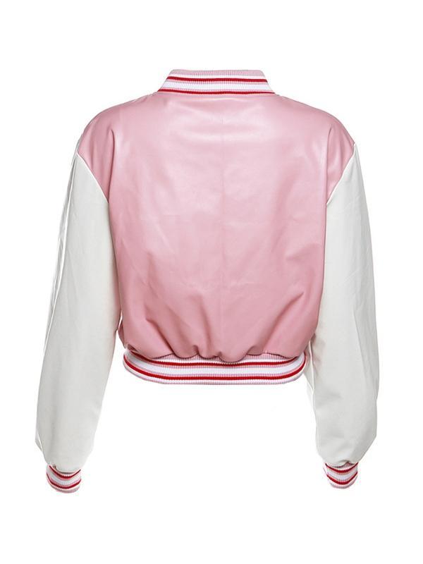 Letter Print Splice Short Leather Varsity Jacket Product Image