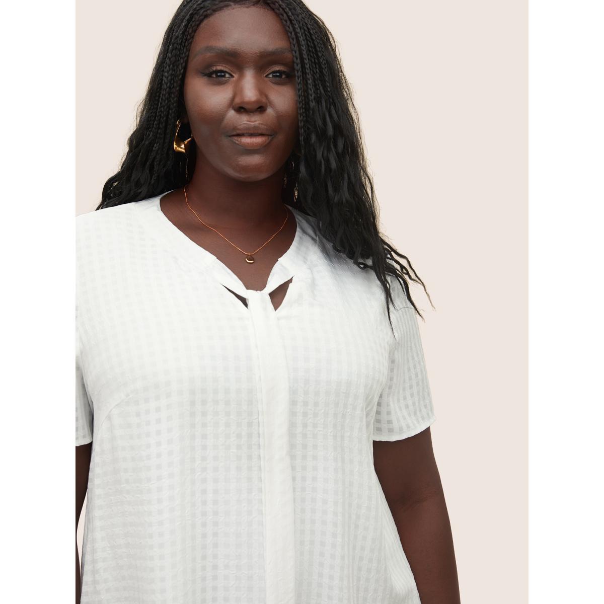 Plus Size Ivory Solid Textured Chiffon Mesh Tie Neck Blouse Women At the Office Short sleeve Ribbon-tied collar Work Blouses BloomChic 28/5X Product Image