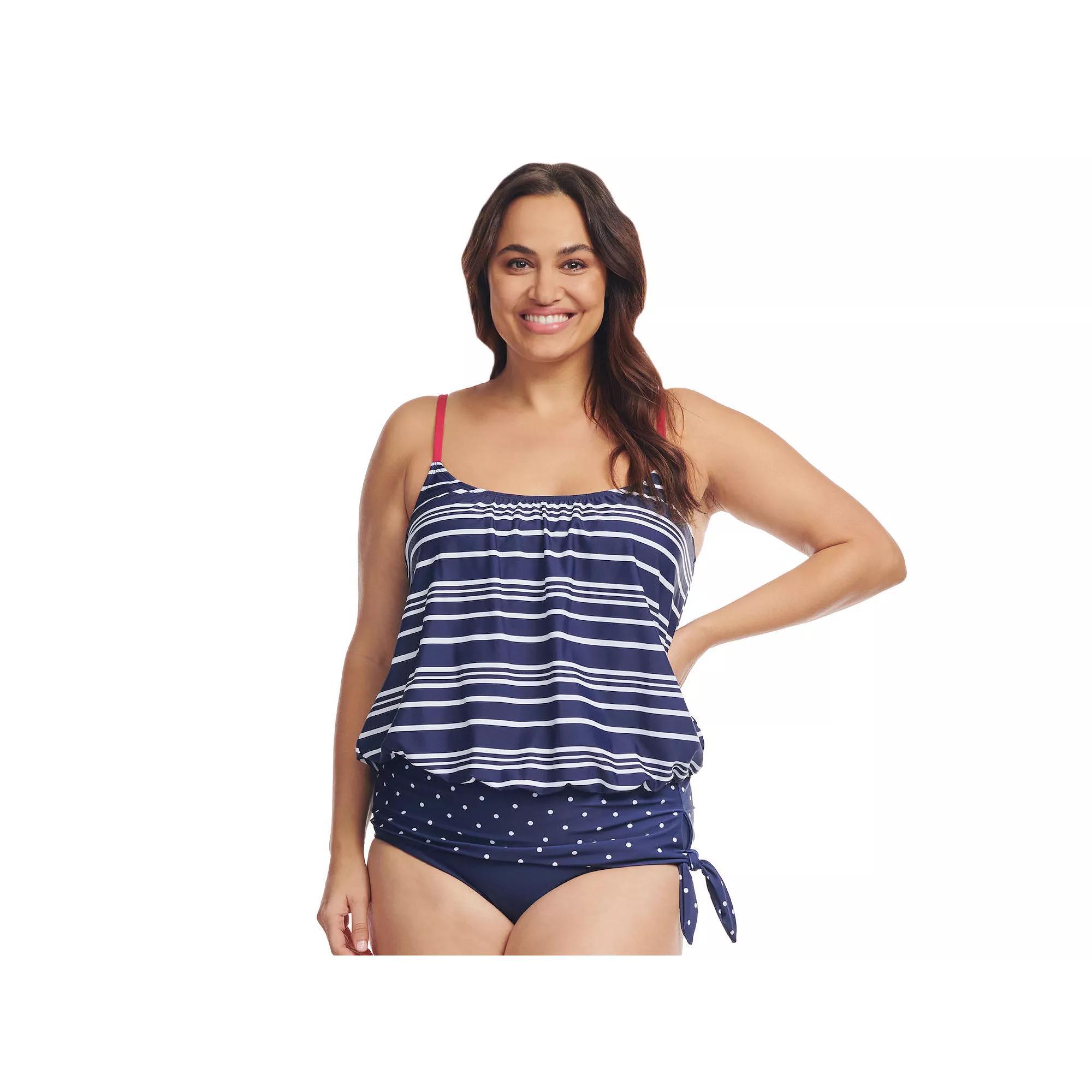Plus Size Mazu Electric Stripe Wide Band Blouson Tankini Swim Top, Women's, Size: 20 W, Blue Product Image