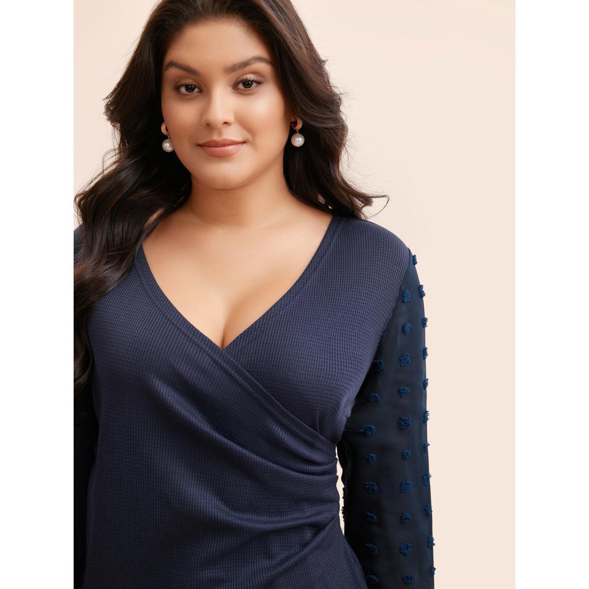 Plus Size Waffle Knit Patchwork Mesh Overlapping T-shirt Indigo Women Elegant Overlapping V-neck Bodycon Everyday T-shirts BloomChic 28/5X Product Image