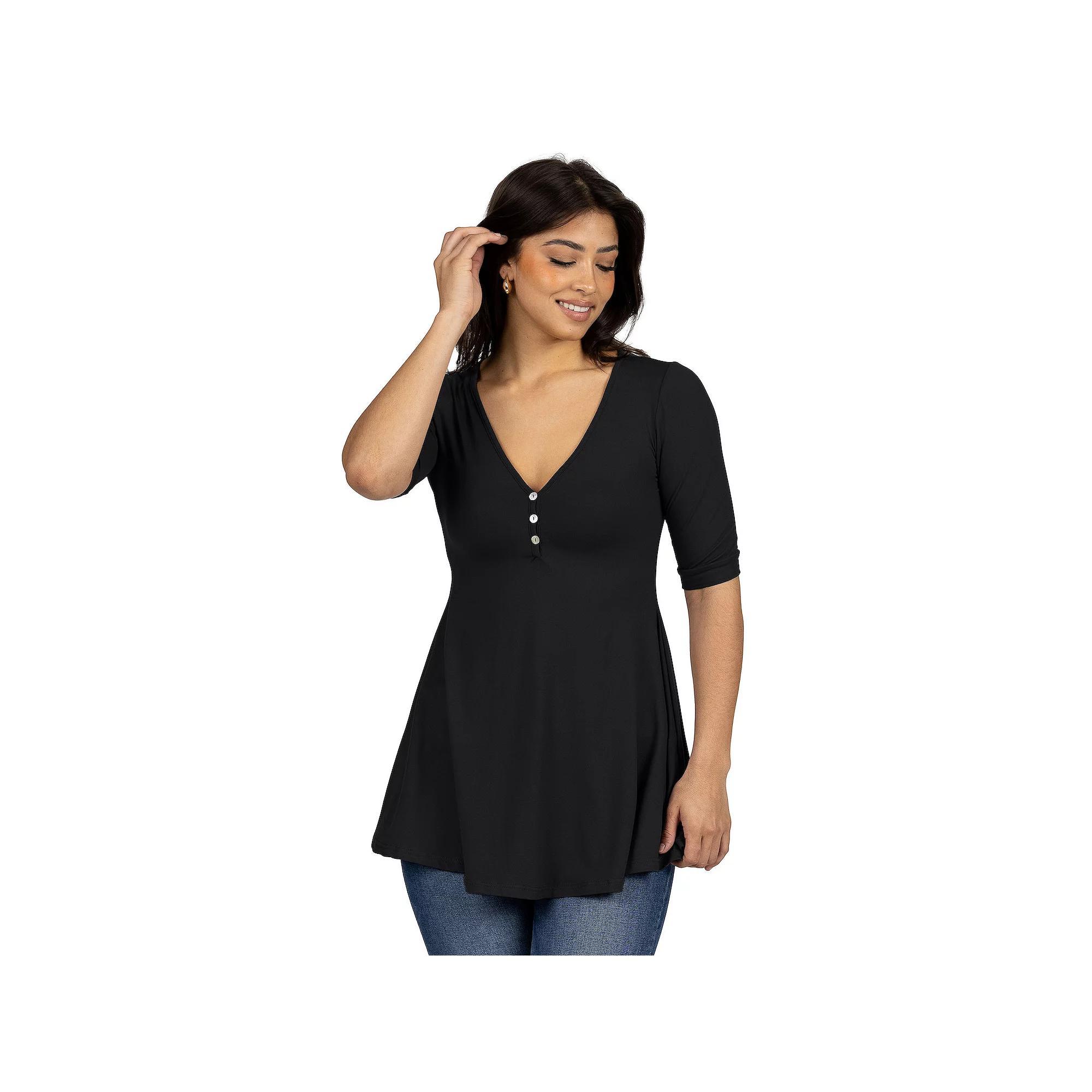 Women's 24seven Comfort Apparel Short Sleeve Tunic Top with Button Detail, Size: Small, Brown Product Image