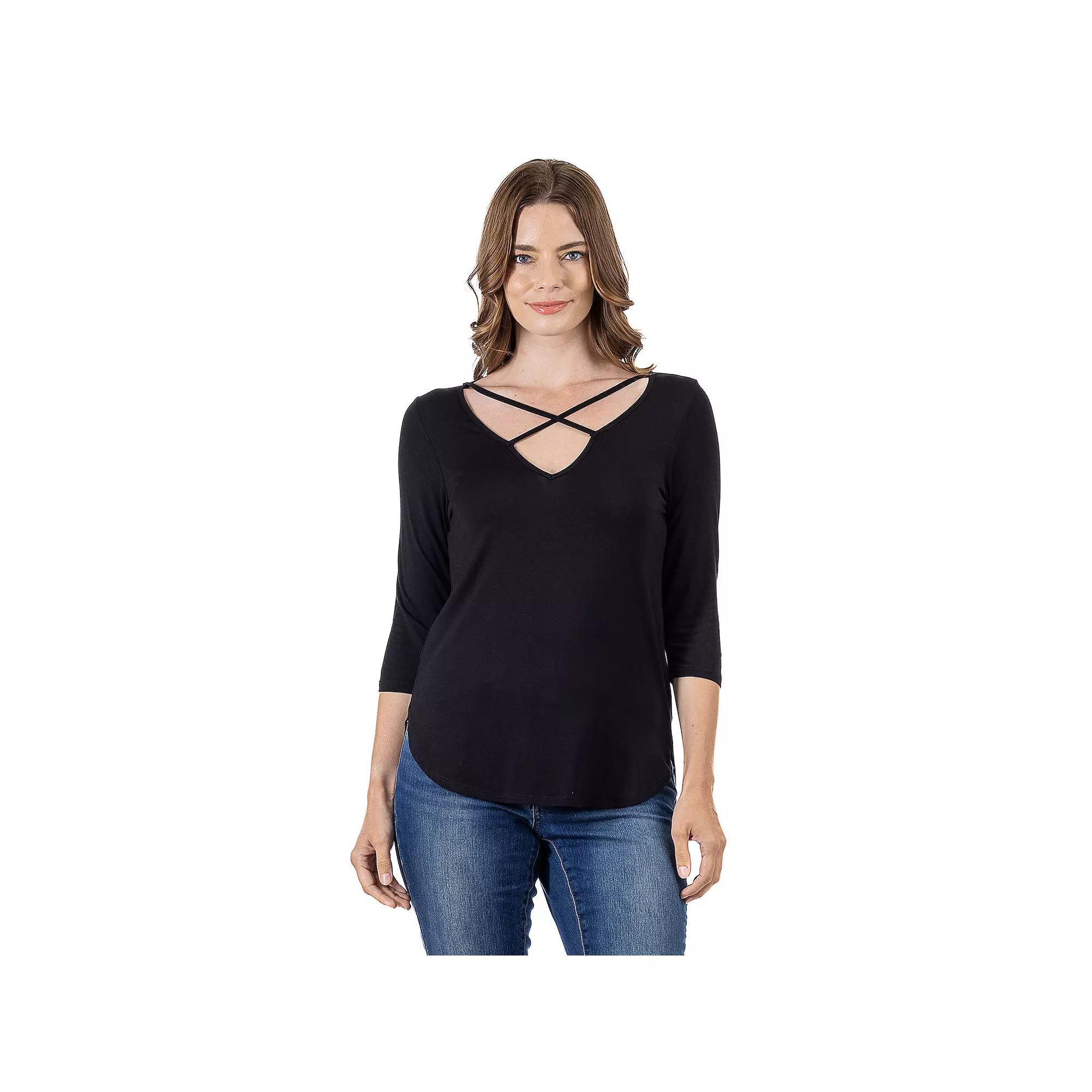Women's 24Seven Comfort Apparel Criss Cross Round Hemline Tunic Top, Size: Medium, Black Product Image