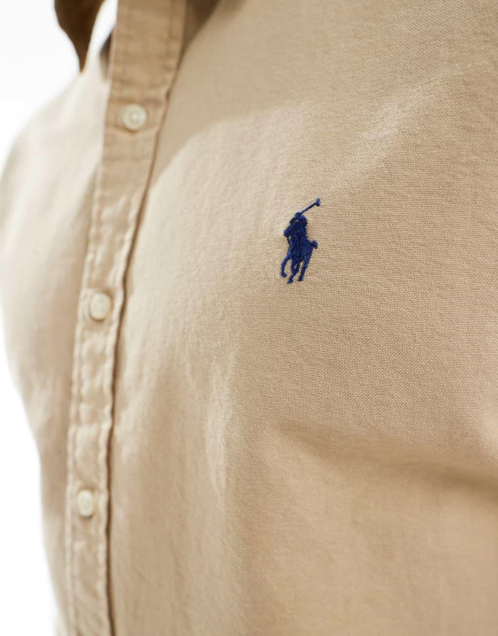 Polo Ralph Lauren icon logo slim fit garment dyed oxford shirt in beige Product Image