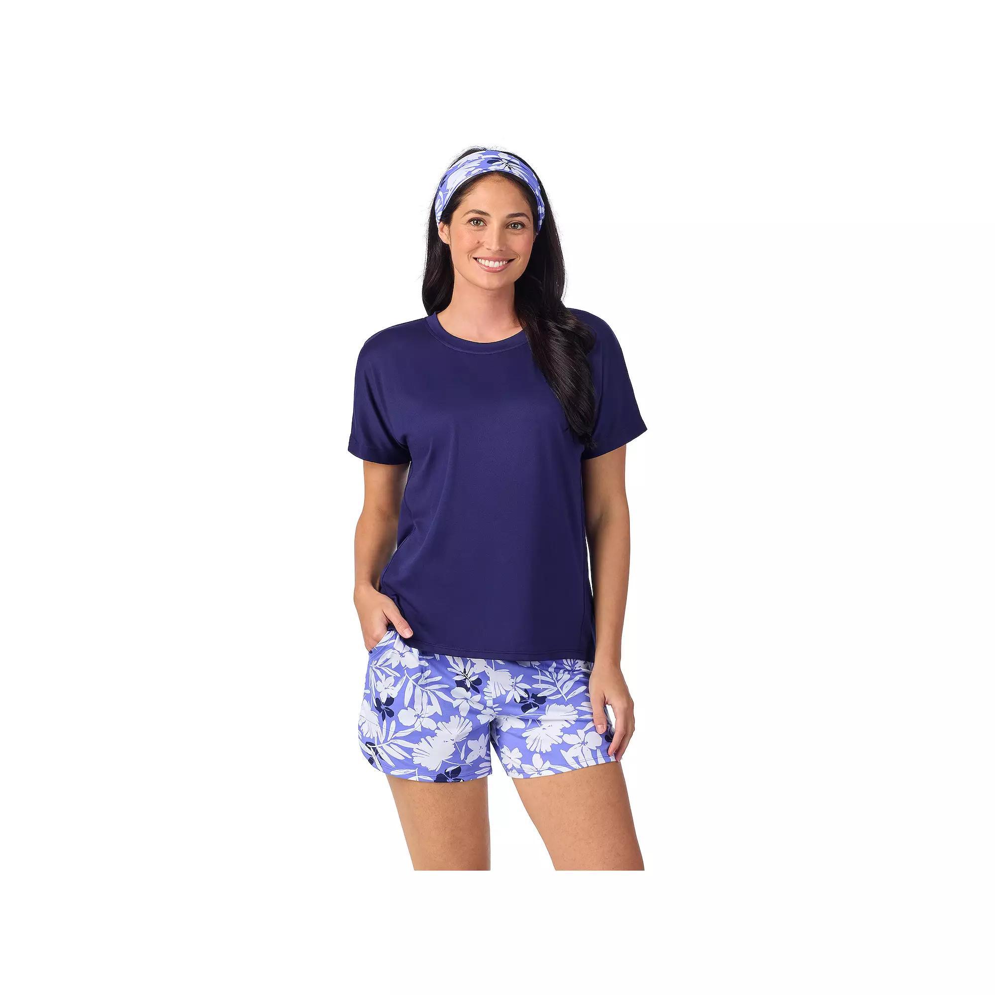 Women's Cuddl Duds® Short Sleeve Pajama Top & Pajama Shorts Set with Matching Headband, Size: XXL, Purple Mono Floral Product Image