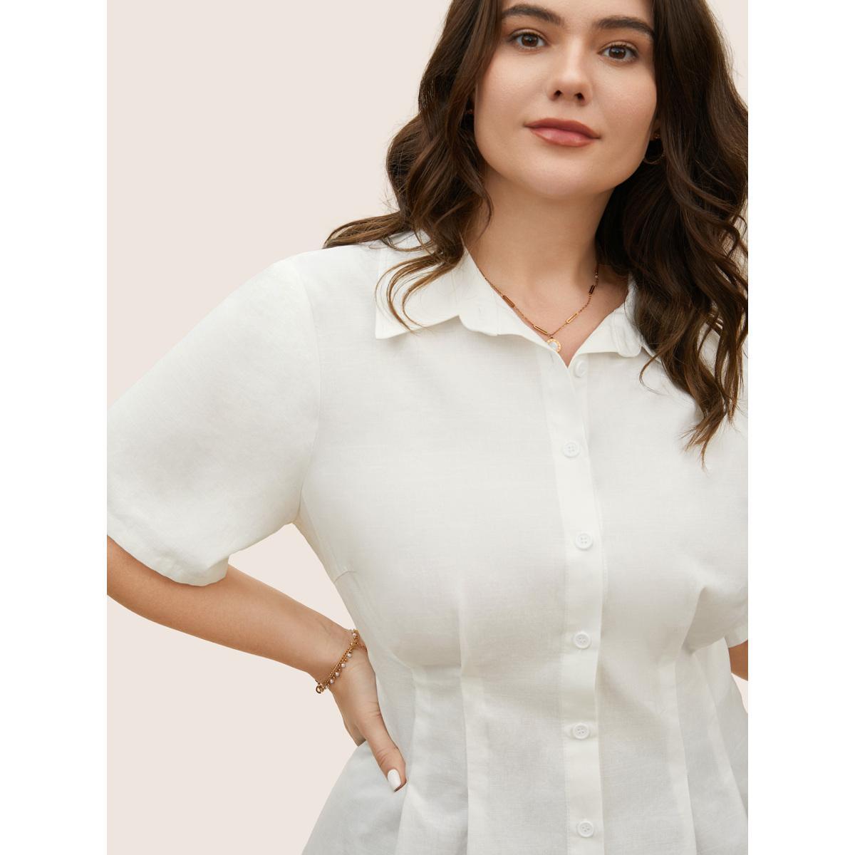 Plus Size Ivory Plain Shirt Collar Waist Design Blouse Women At the Office Short sleeve Shirt collar Work Blouses BloomChic 14-16/1X Product Image